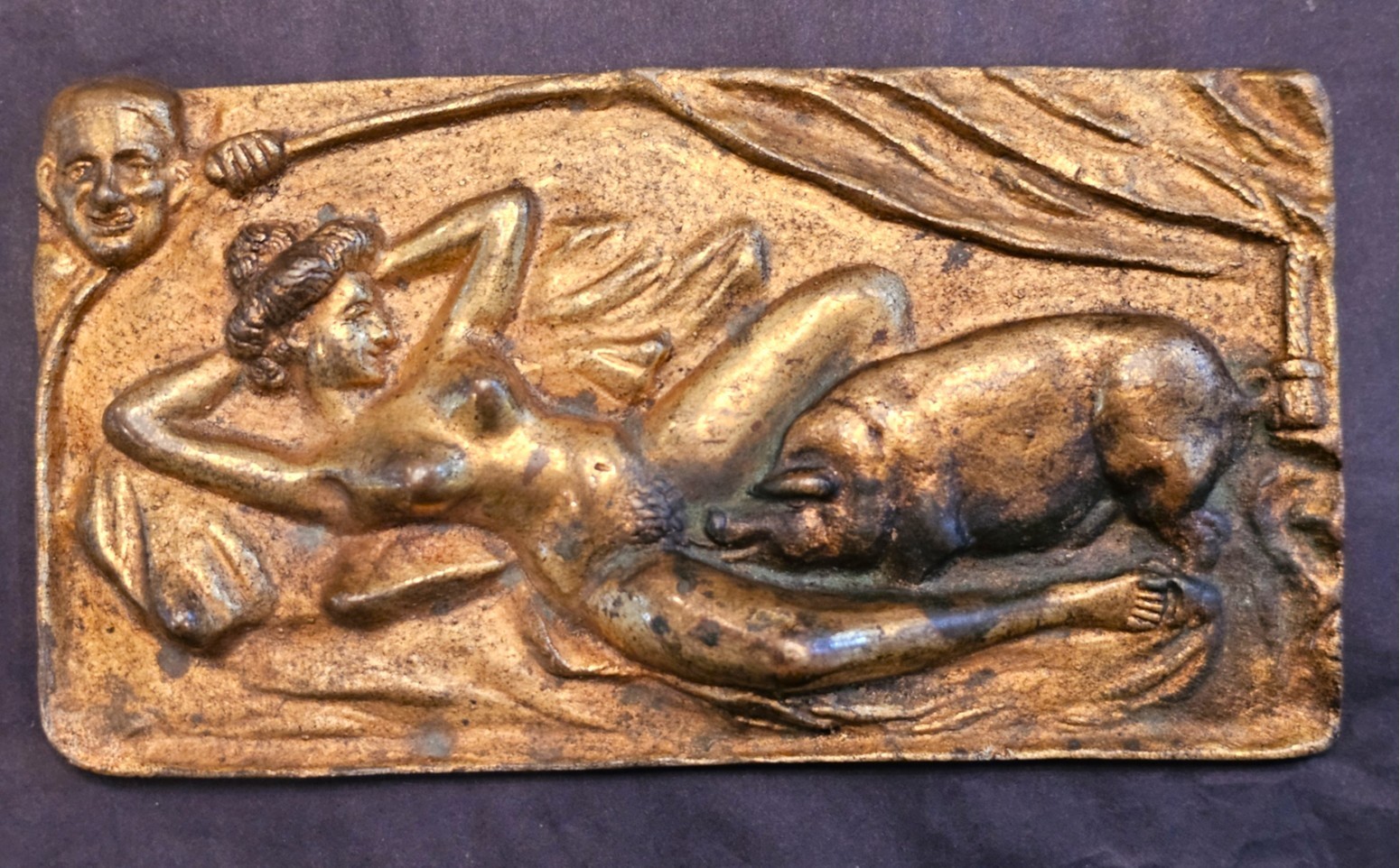 Rare Vintage Erotic Cast Gilt Bronze Plaque - Lady and pig -  16.9 ozs / 479 gms