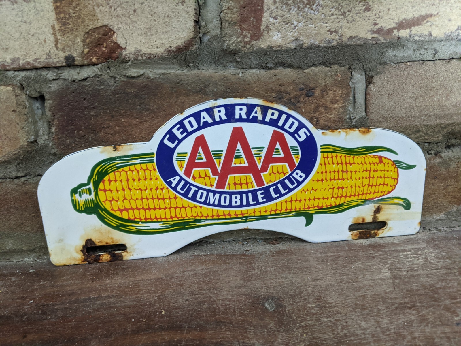VINTAGE CEDAR RAPIDS AAA CORN PORCELAIN LICENSE PLATE HOLDER SIGN 11" X 4.5"