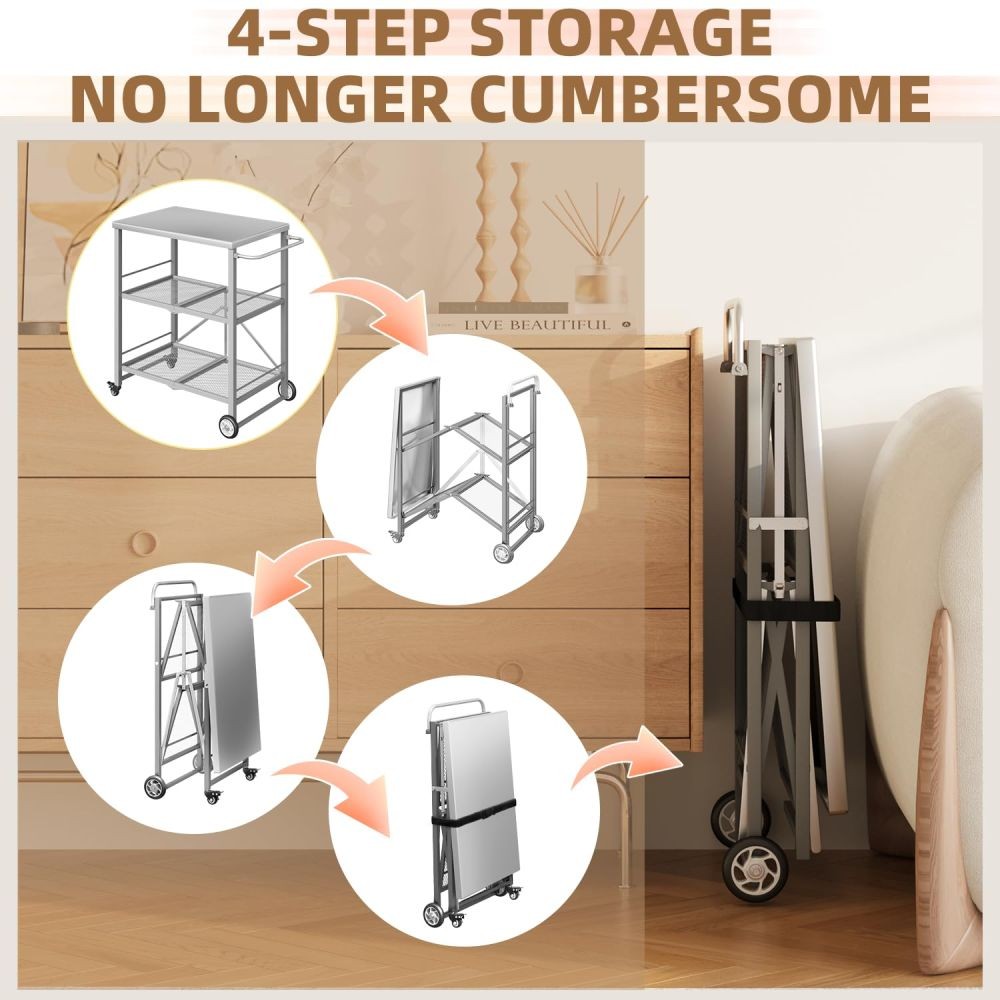 Outdoor Grill Table, Stainless Steel 3-Tier Folding BBQ Prep Table with Casters