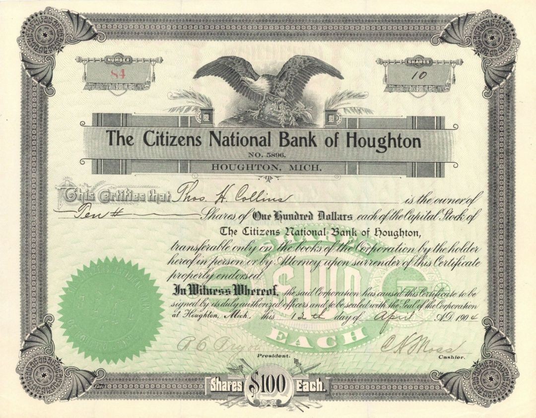 Citizens National Bank of Houghton - 1904 or 1910 dated Stock Certificate - Ba