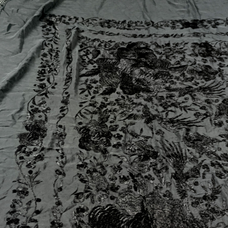 Antique Hand-Embroidered Silk Piano Shawl Wrap Floral Fringe 51" Vintage Luxury