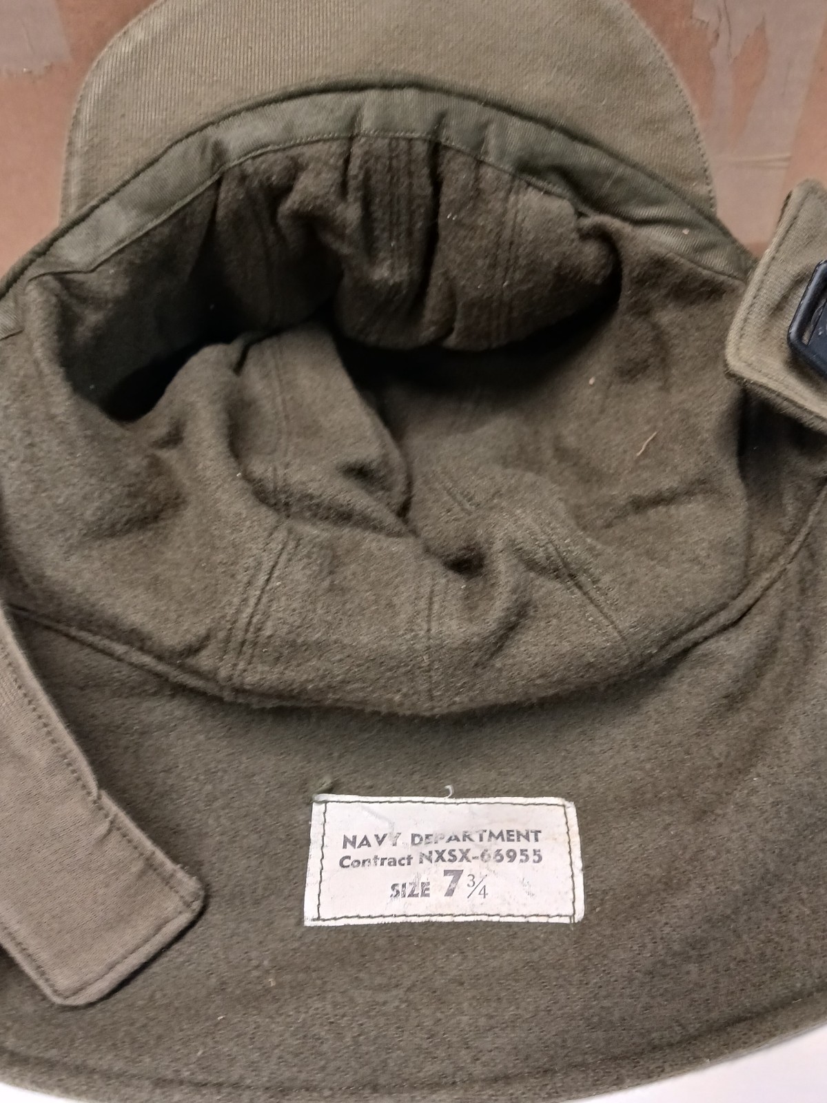 USN Winter Cloth Deck Helmet Khaki/OD Green Hat Sz 7-3/4 NOS