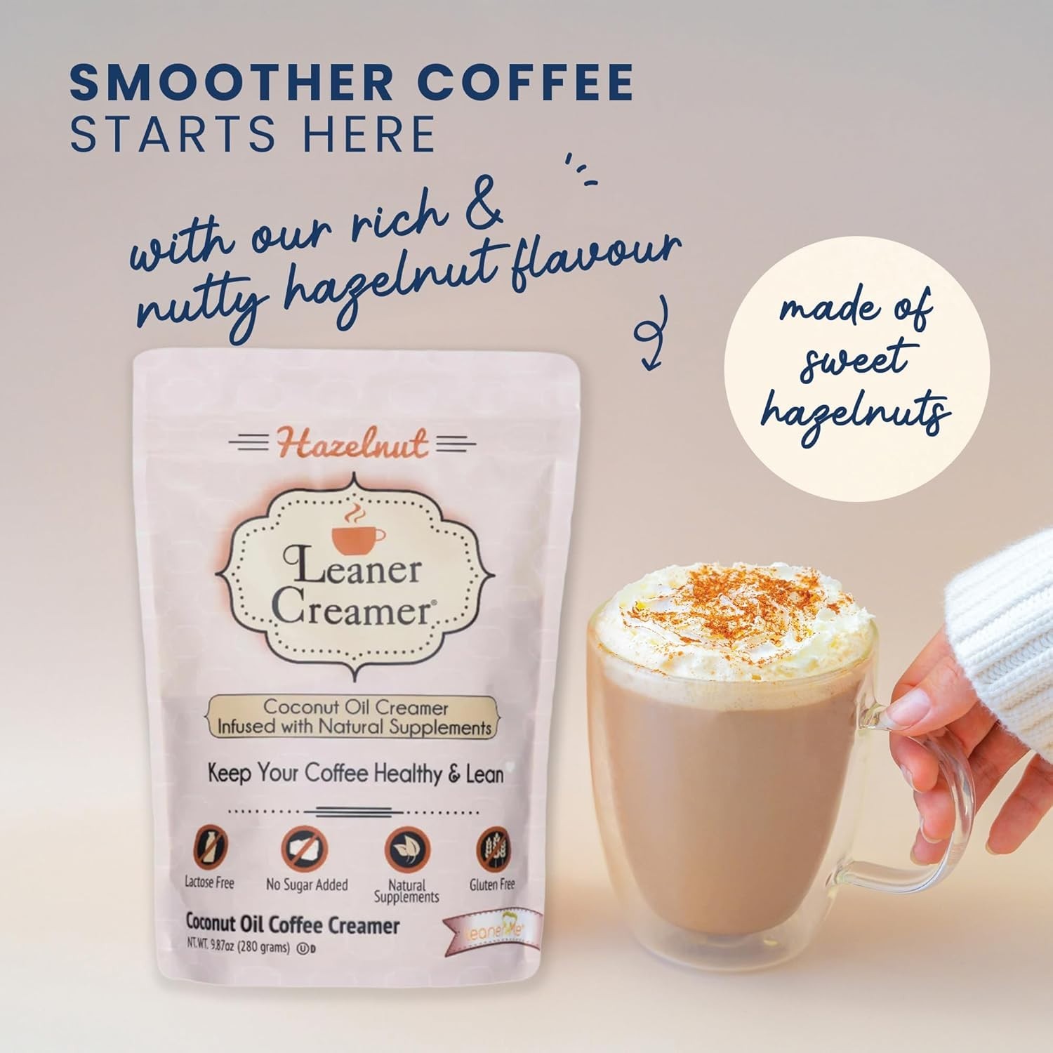 Leaner Creamer, Coconut Oil Coffee Creamer, Hazelnut Flavored , 9.87 oz (280 g)