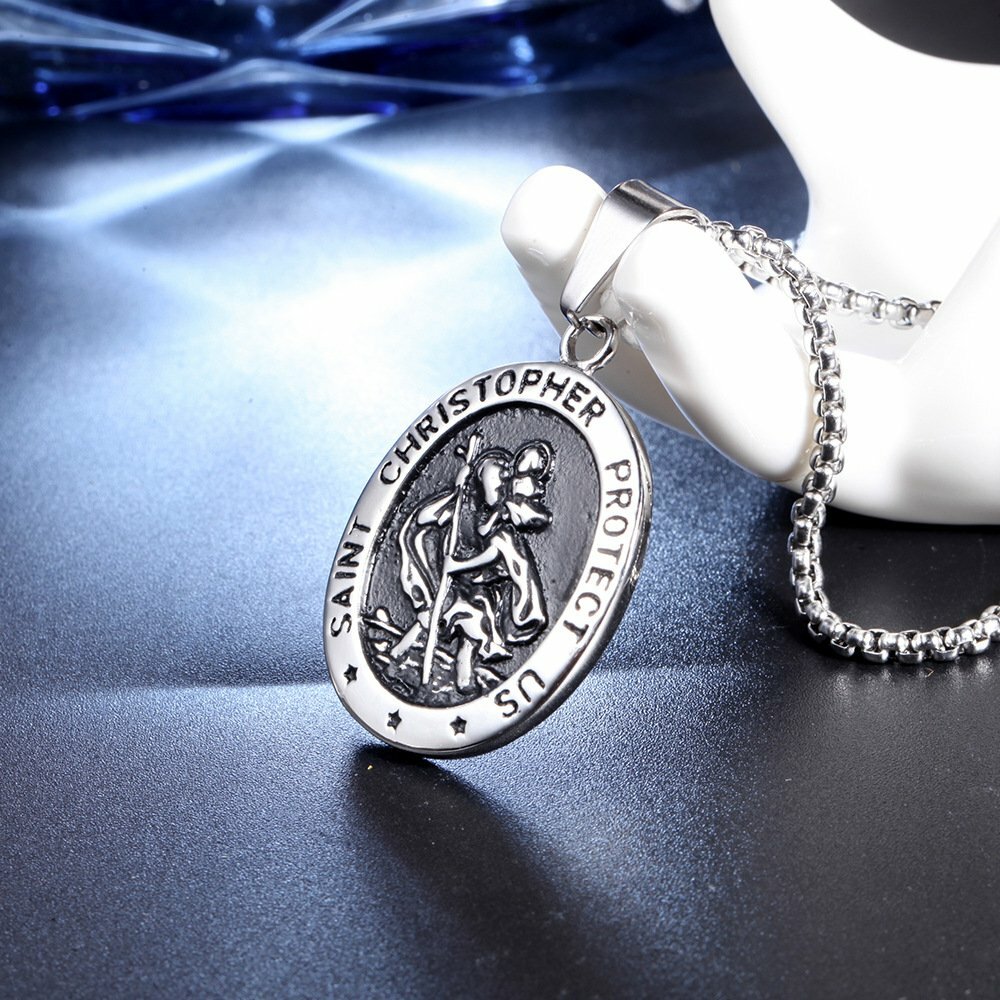 MENDEL Mens St Saint Christopher Medal Pendant Necklace Stainless Steel Amulet