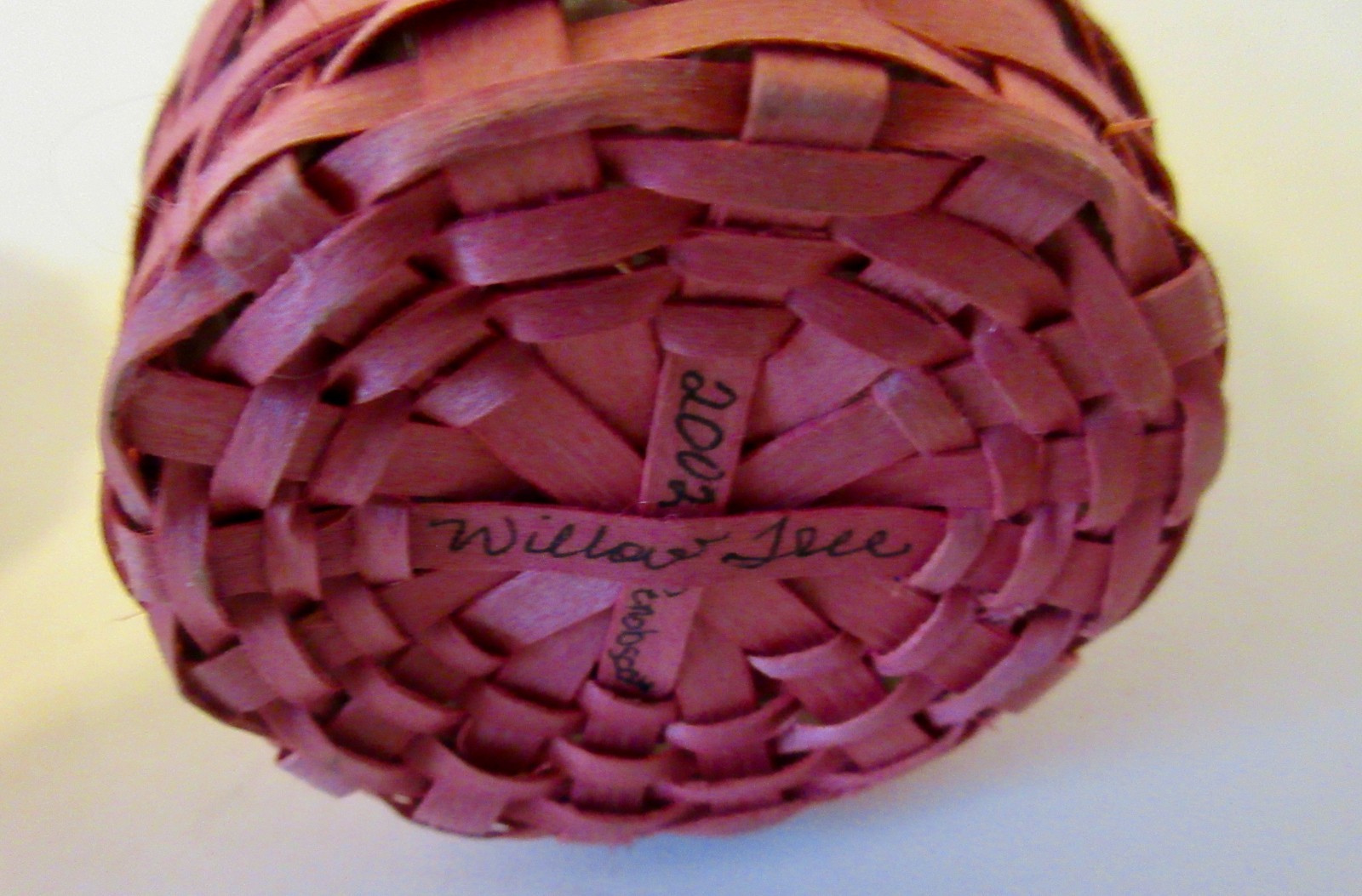 Tall Wabanaki Basketry covered glass vase; "Willow Tree" -Penobscot 2002