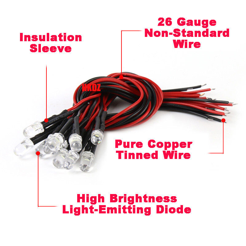 DC 5V~12V 3mm/5mm LED Bulb Pre wired Light Emitting Diodes Small 20cm Wire 0.1W