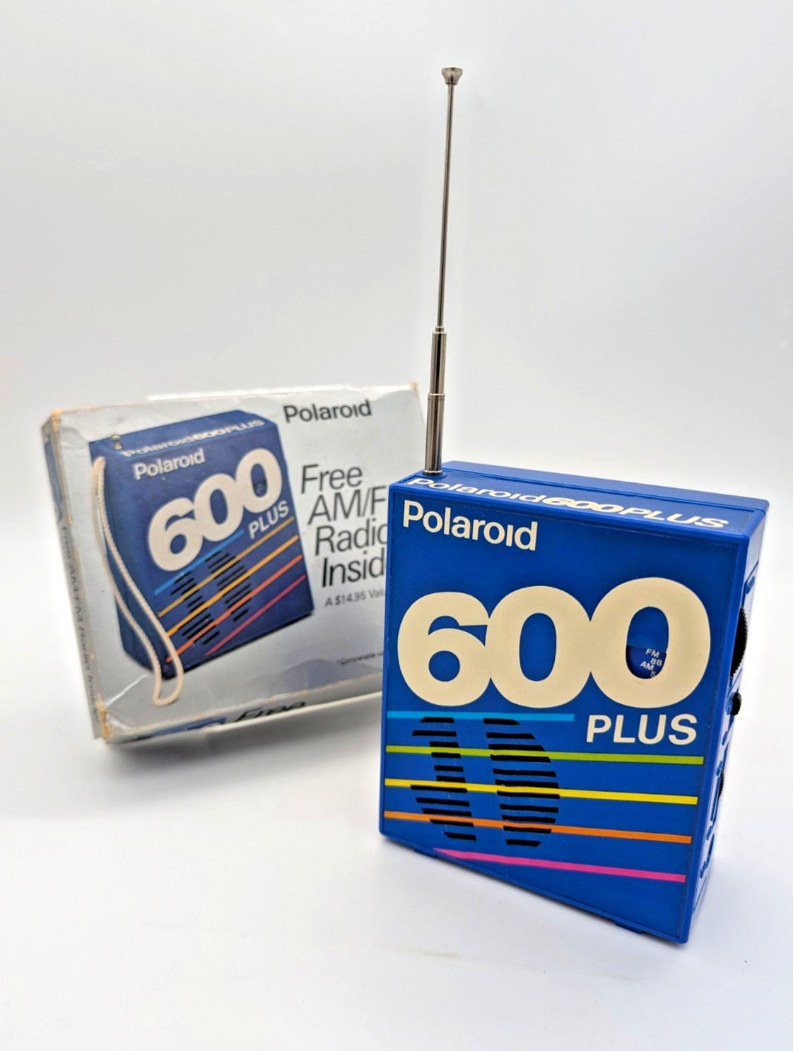 Vintage Polaroid 600 Plus Blue AM FM Promotional Radio With Box Tested - WORKS