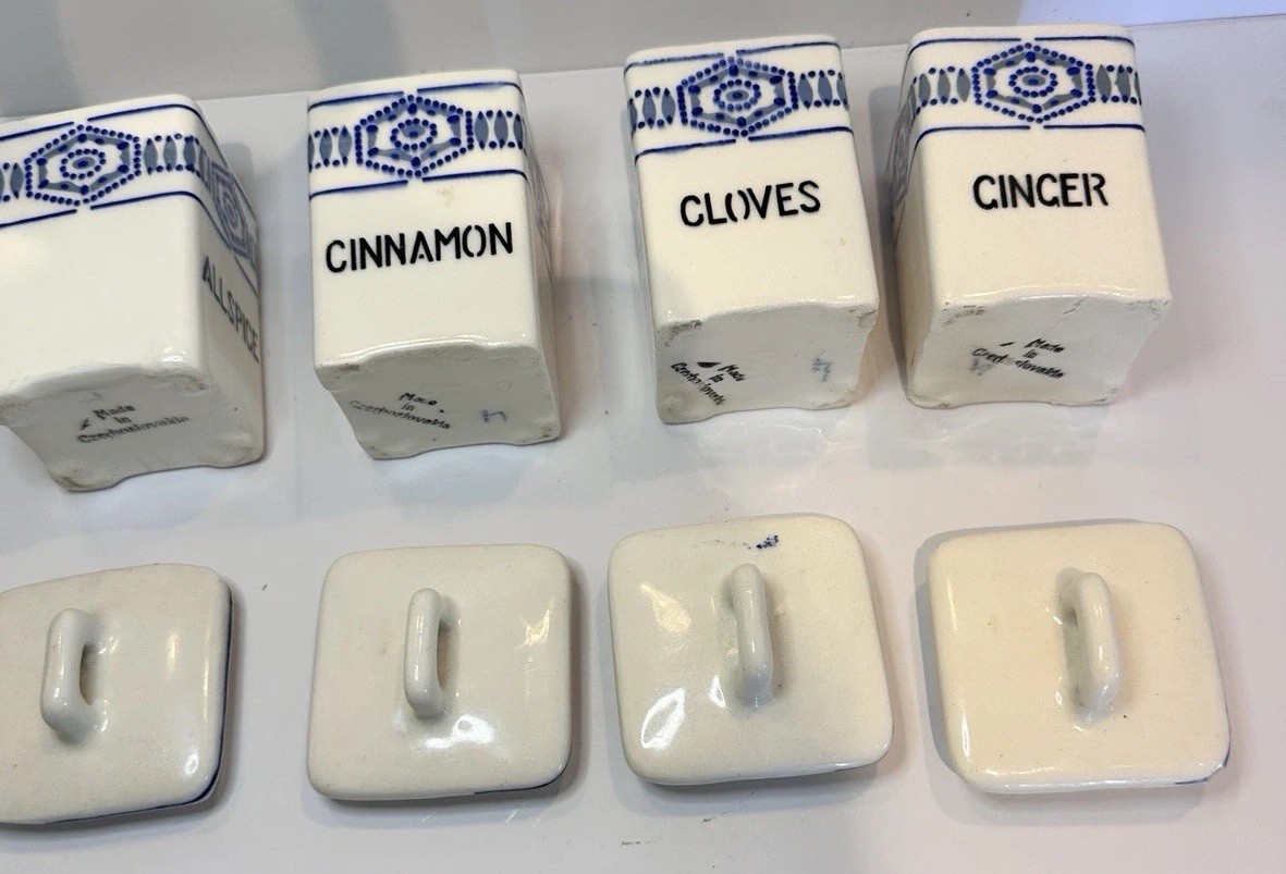 4 Blue and white Czechoslovakian spice canisters vintage