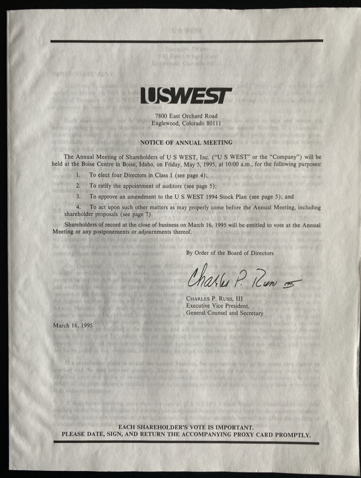 Vtg 1994 Annual Report US West Inc Colorado -Dick Cheney Board Member- 56 pgs