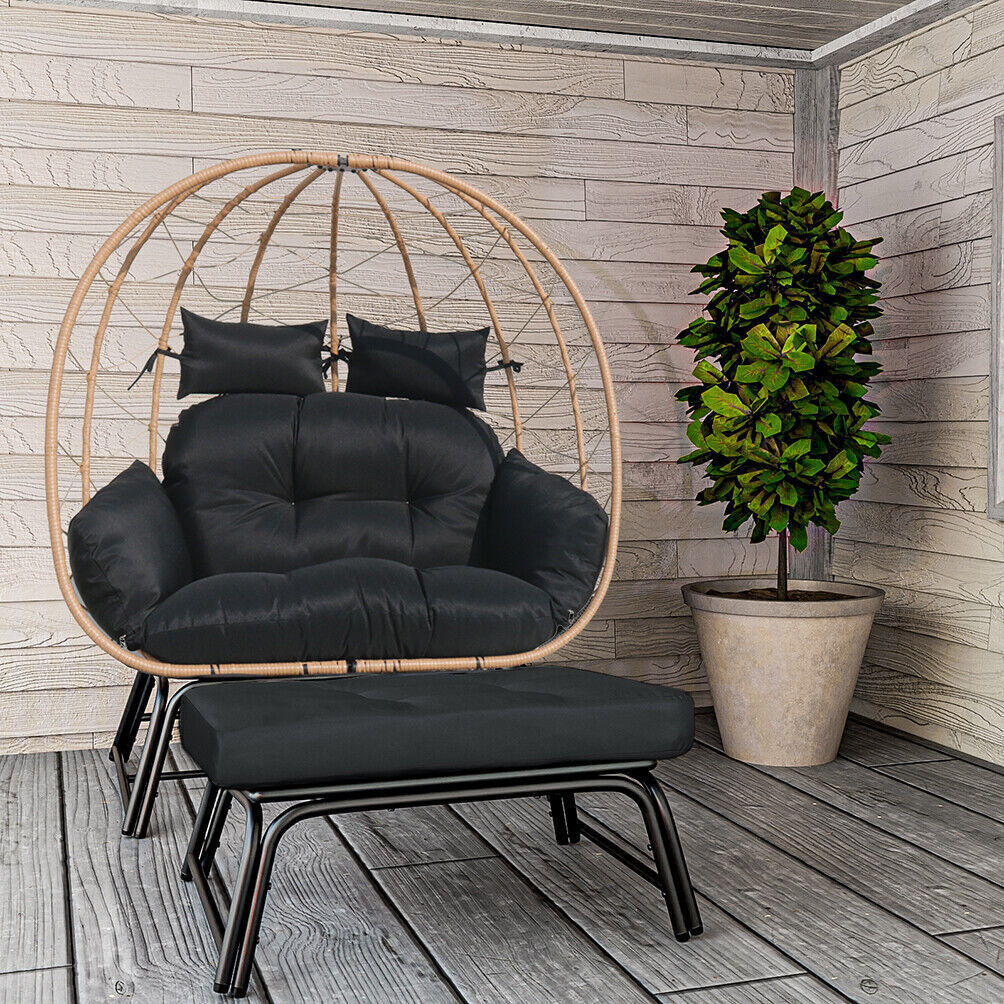 Wicker Egg Chair with Ottoman Outdoor Indoor Oversized Lounger Stand for Porch