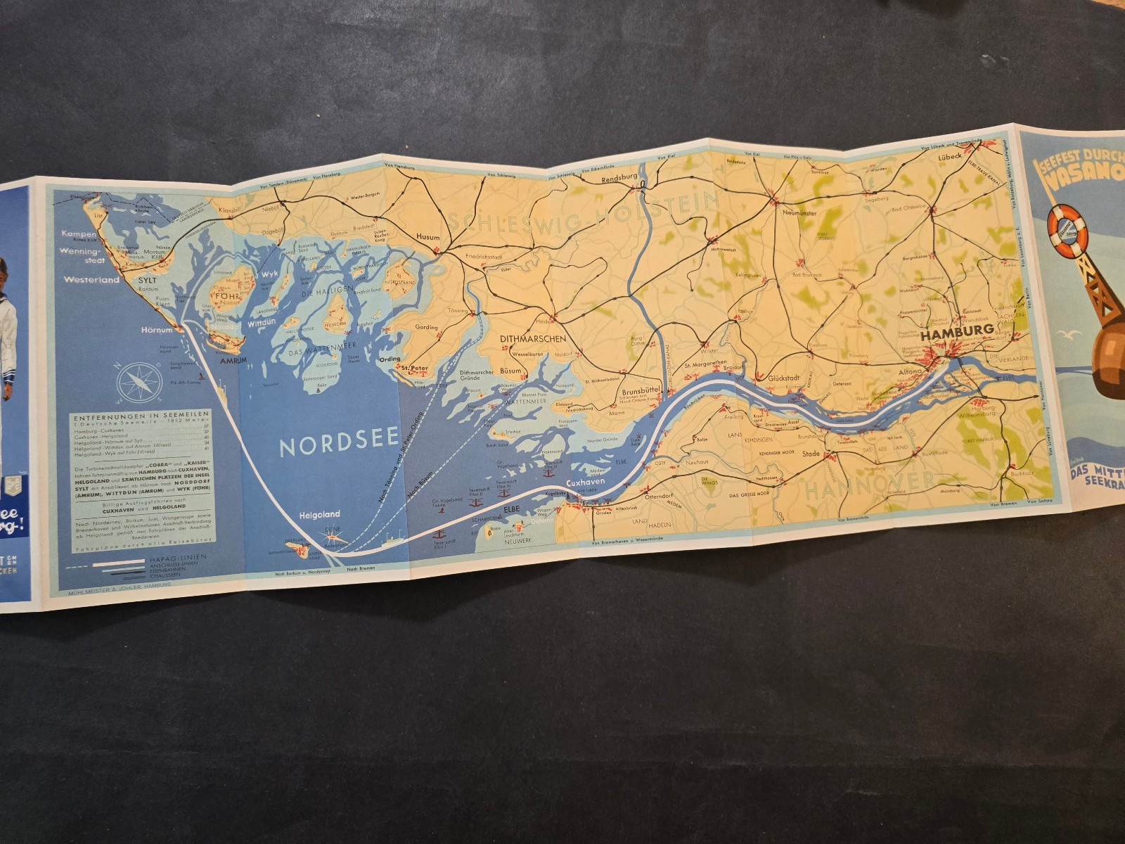 WW2 WWII German HAPAG Nordsee Map Brochure Hamburg Helgoland Travel Foldout 1933