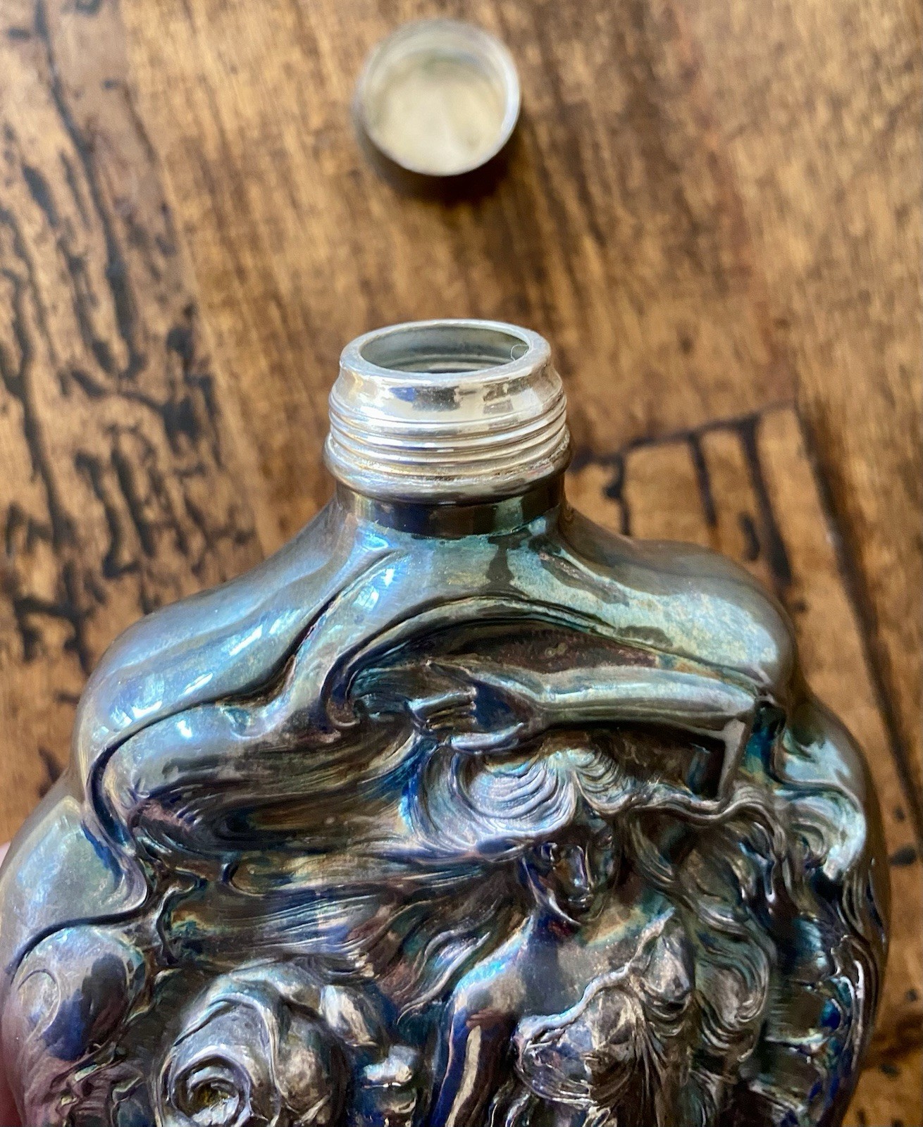 Art Nouveau Spirit Flask Victor Silver Co Nymph Relief Iridescent Barware Superb