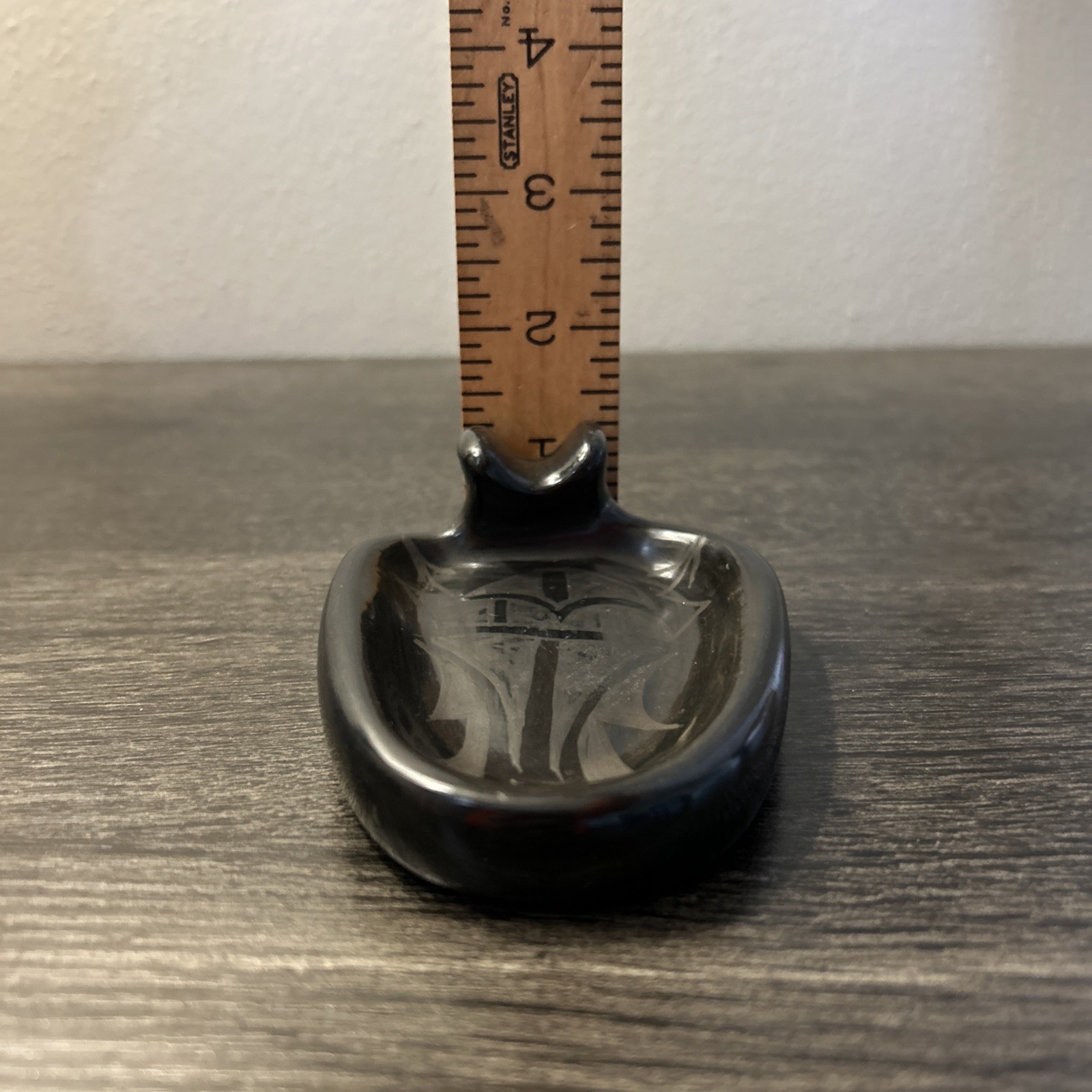 Santa Clara Pueblo Pottery Ashtray Black on Black Arrowhead Artist Signed