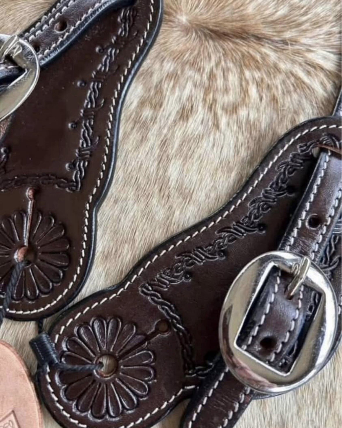 Adult Size Barbed Wire Tooled Top Grain Leather Western PAIR Spur Straps