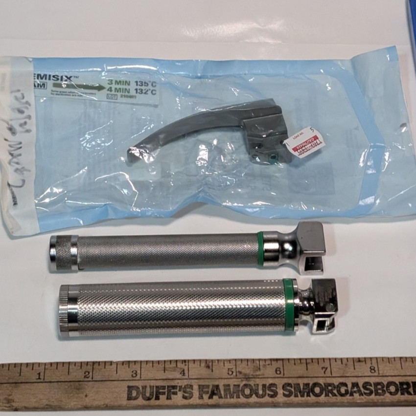 Pair of Fiber Optic Laryngoscope Handles (Welch Allyn, Rusch), Fiber Optic Blade