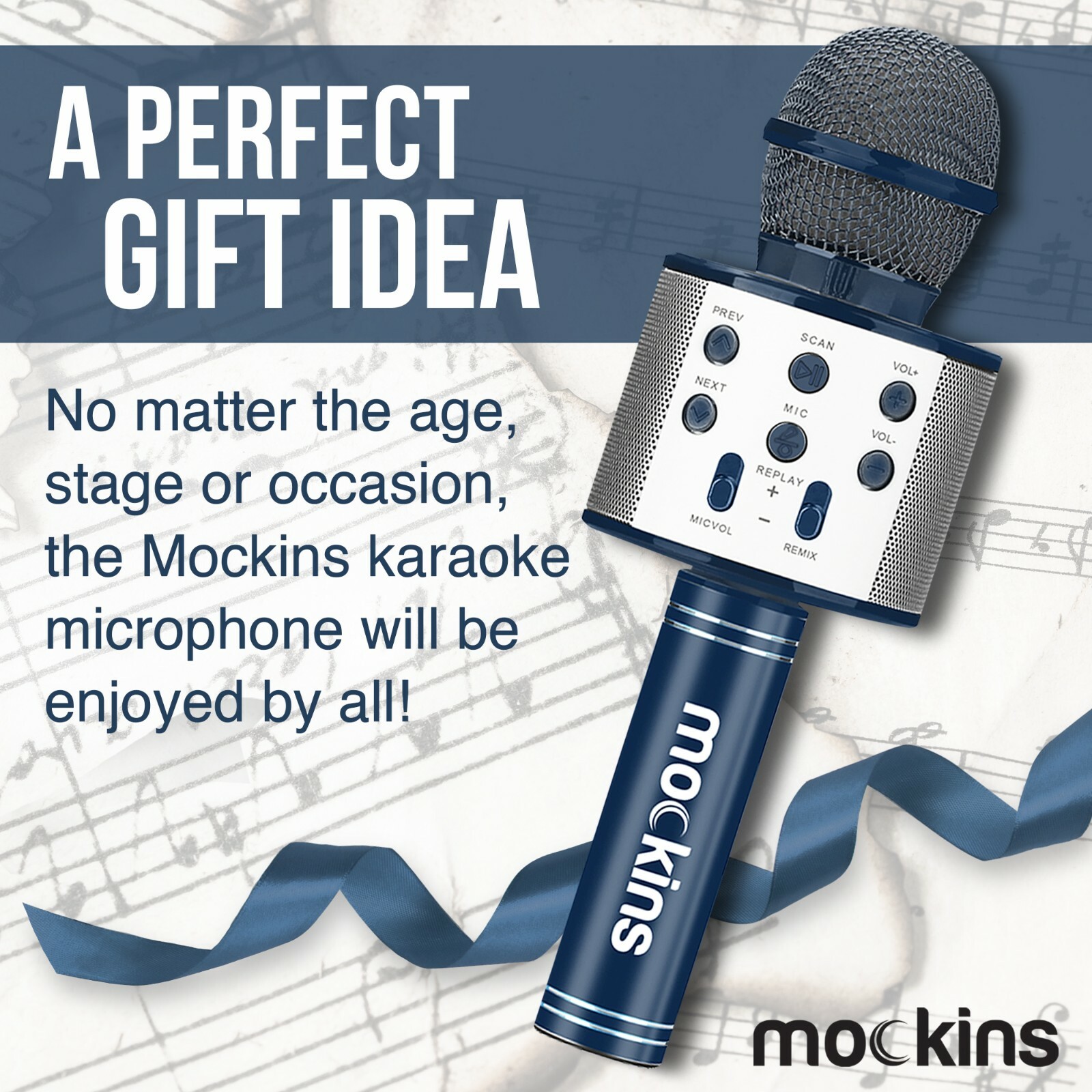Mockins Wireless Bluetooth Karaoke Microphone, Navy, Holiday Gift kids