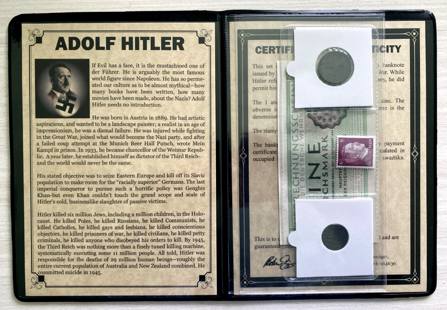 World War II CERTIFIED Two German Coins 1,10 Rp & 1 Reichsmark Bill & Stamp