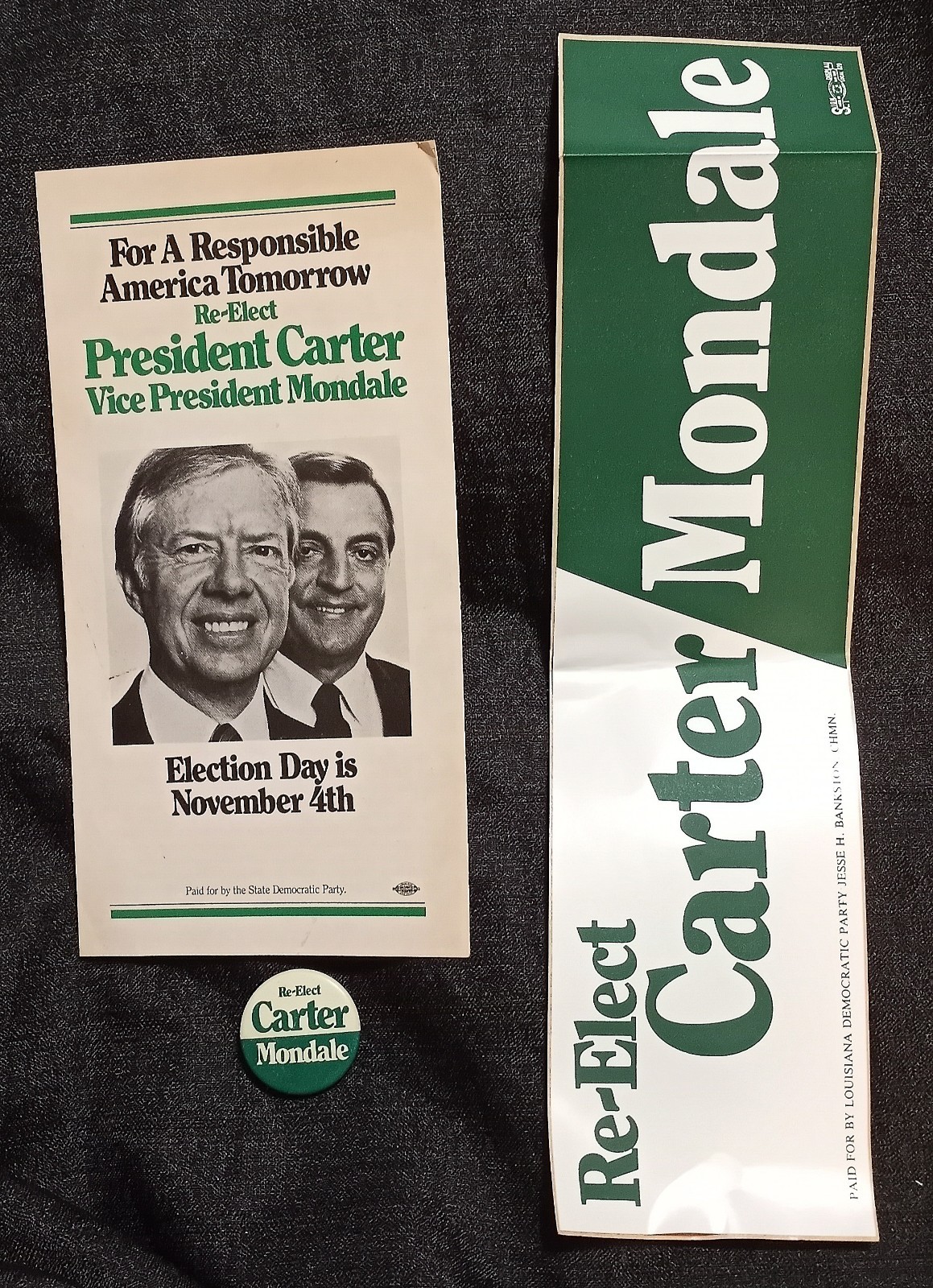 Vintage 1981 Re-Elect Carter Mondale Campaign Brochure, Bumper Sticker, Pin Back
