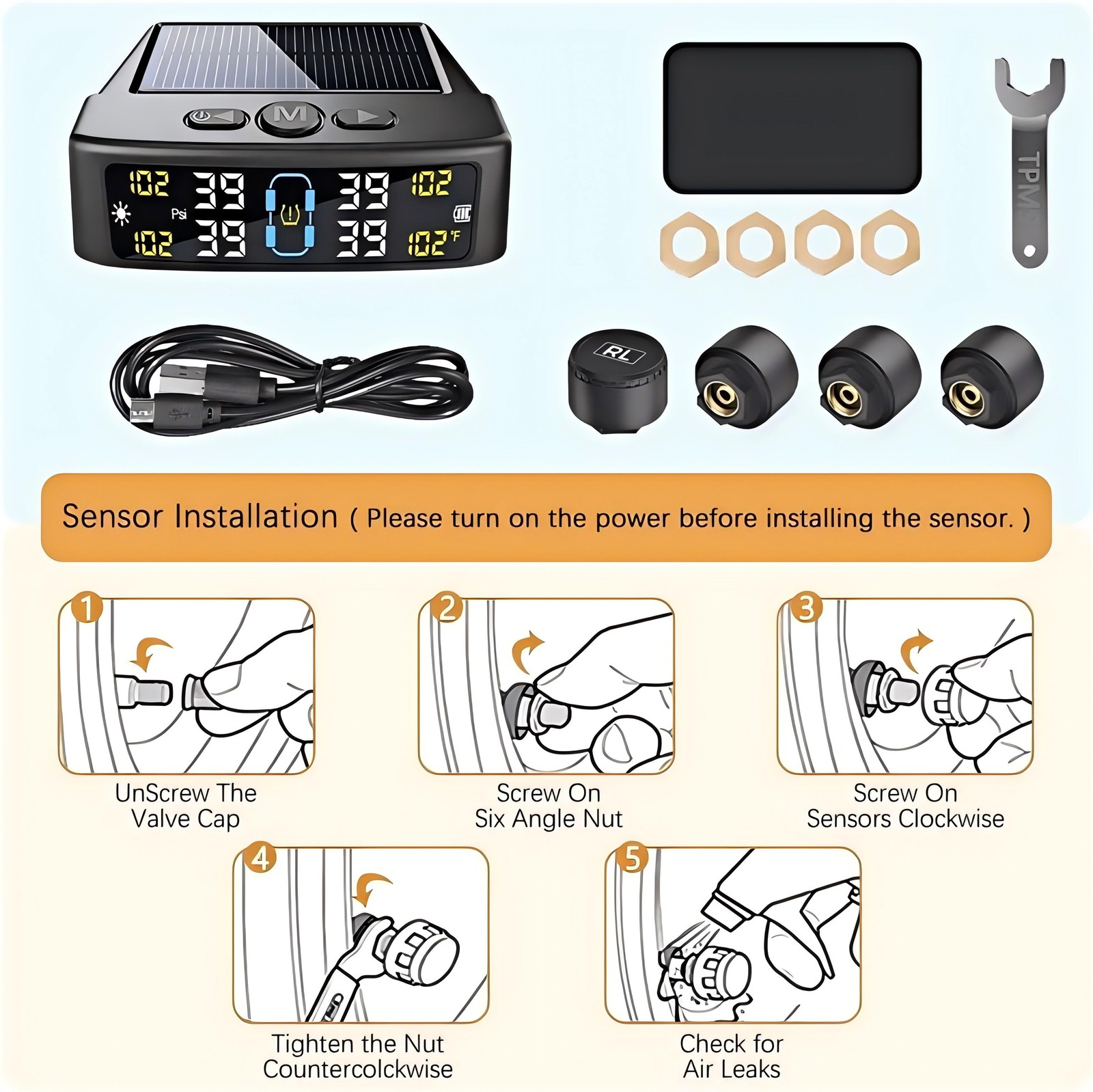 Wireless Solar TPMS LCD Car Tire Pressure Monitoring System + 4 External Sensors