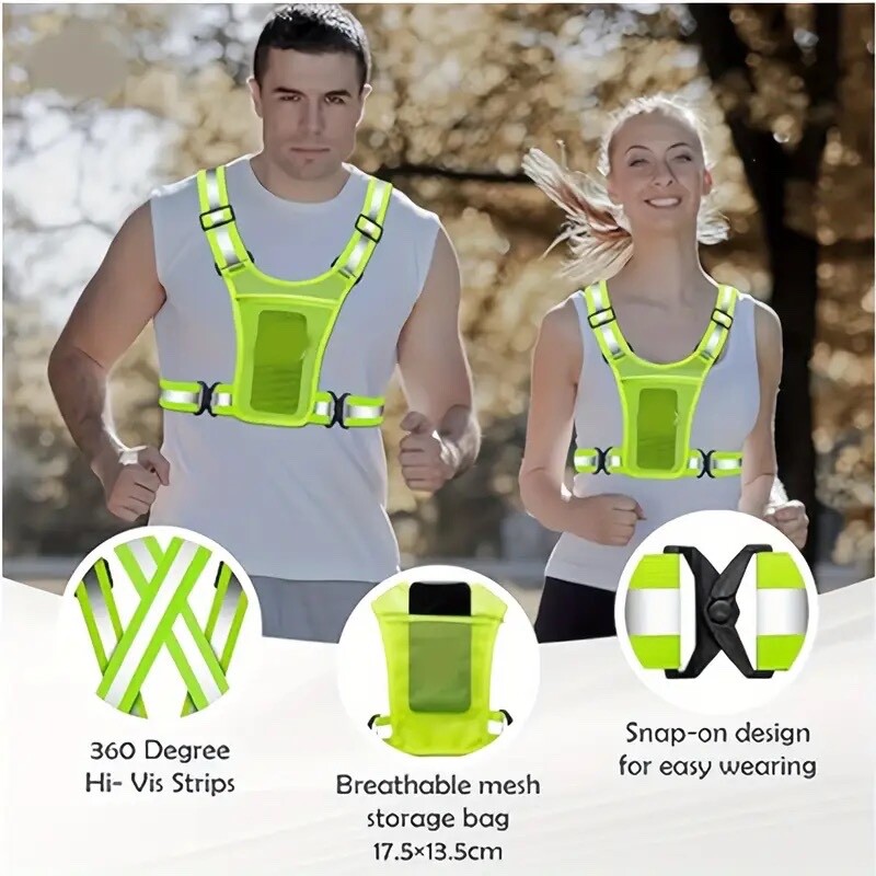 Unisex Hi-Viz Running Vest Chest Phone Holder/ 2 Reflective Bracelets