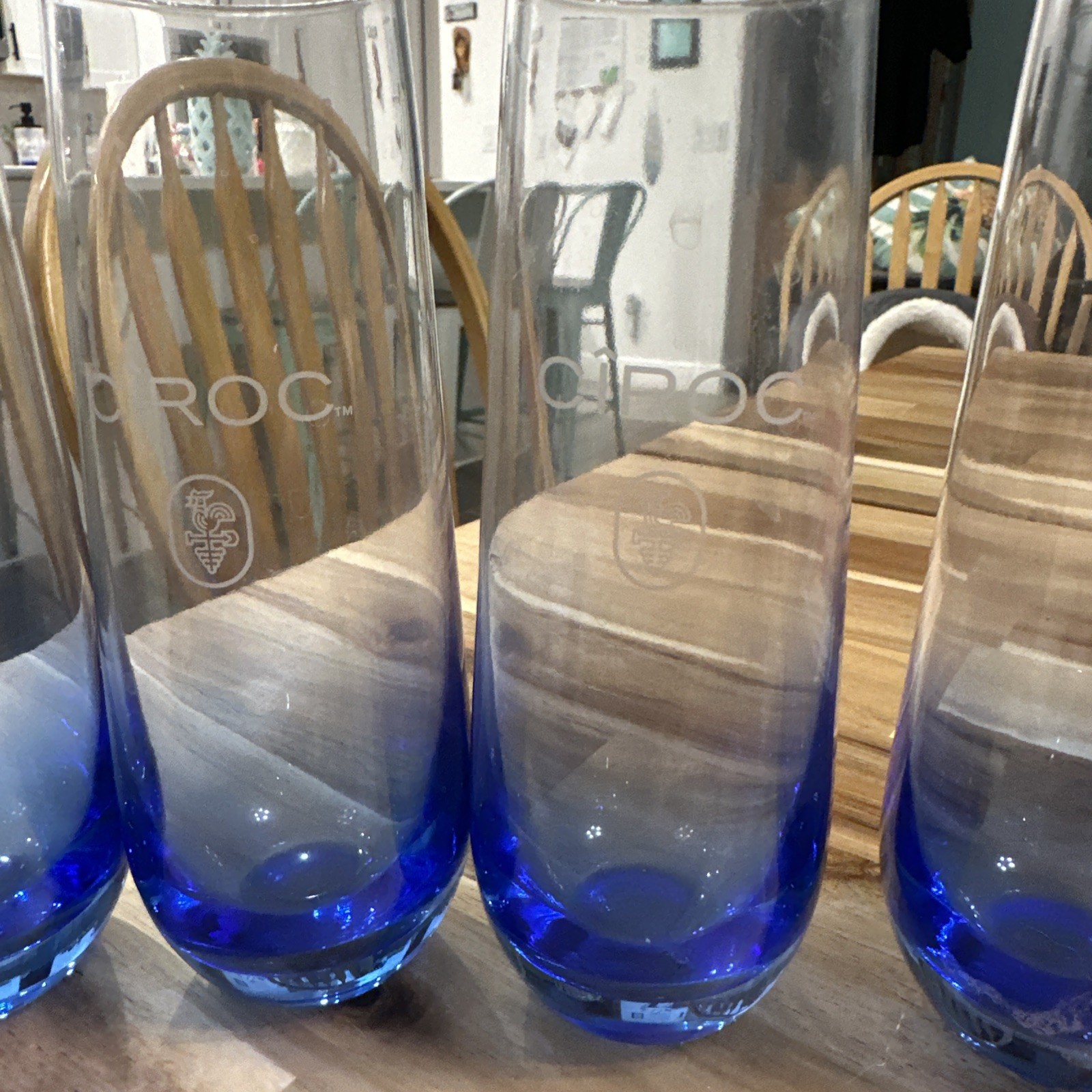 Ciroc Etched Blue Cocktail Stemless Flute Glasses Set of 4 Four Vodka Logo 6.25"