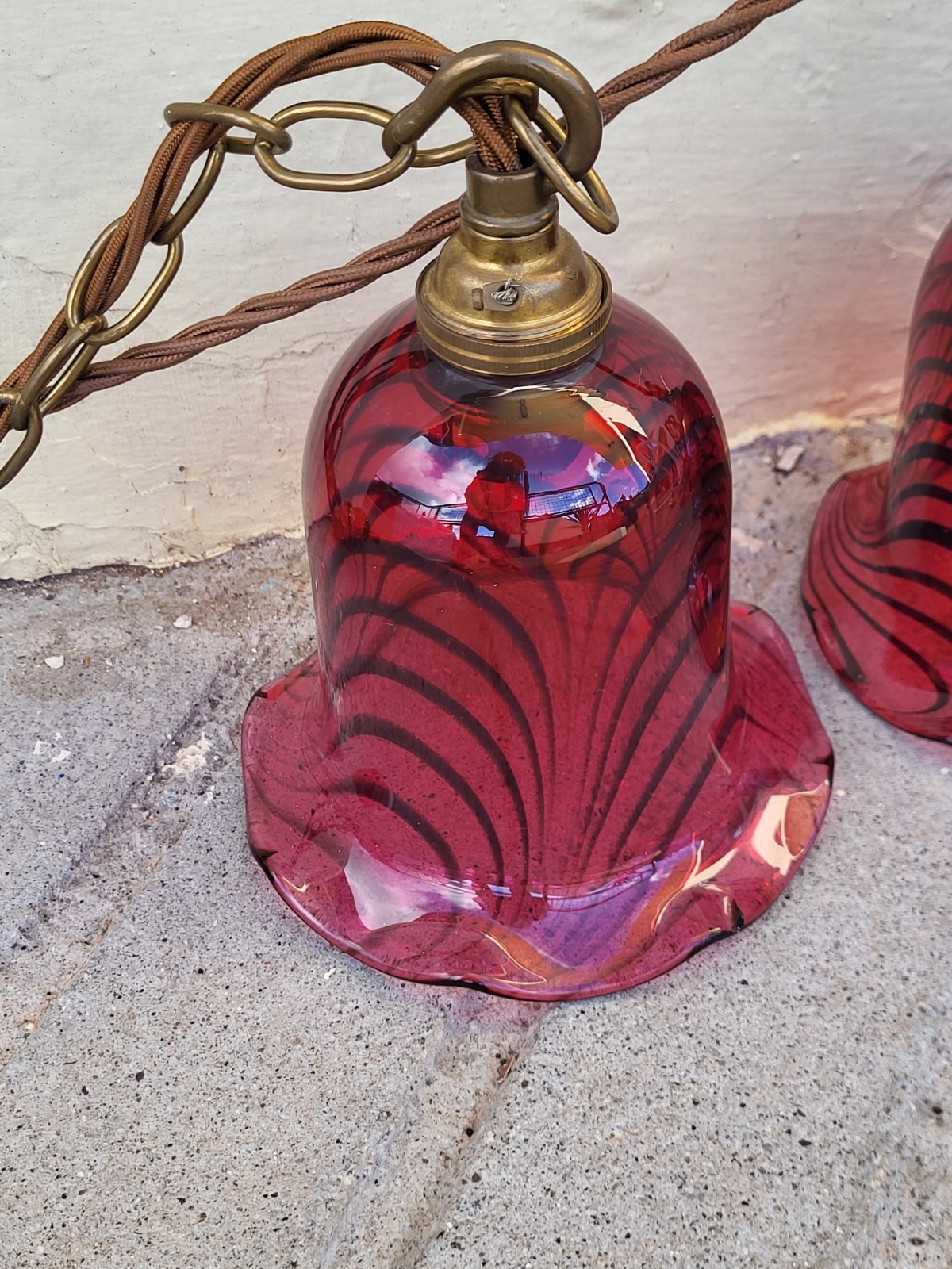 Set Of 4 Vintage Cranberry Swirl Glass Pendant Lamps, Ceiling Roses, Chains