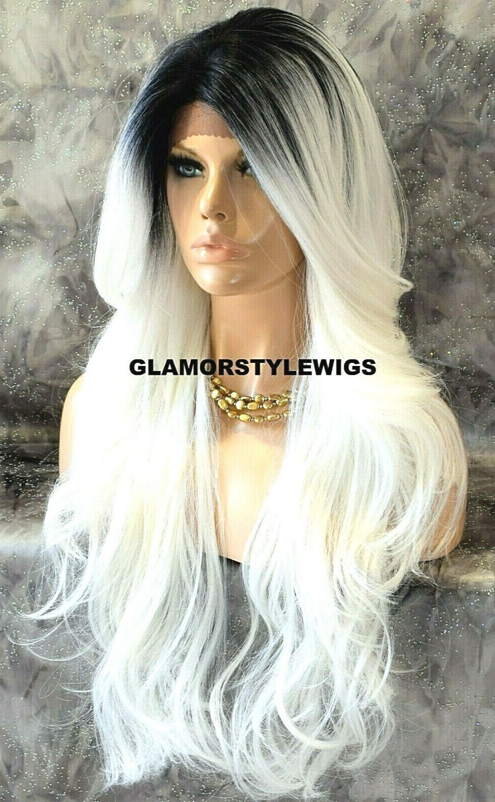 LACE FRONT FULL WIG LONG WAVY LAYERED OMBRE OFF BLACK WHITE MIX HEAT OK NWT