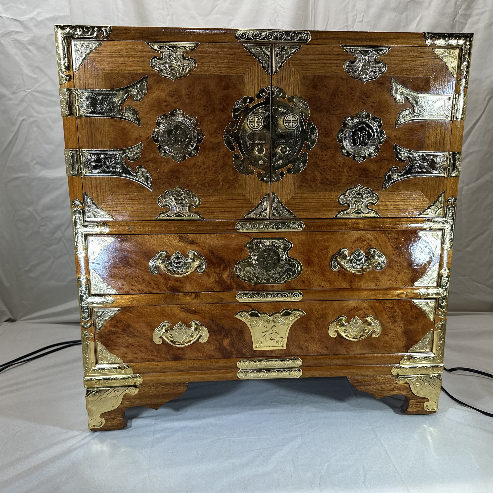 Vintage Asian Burl Wood and Brass Tansu Chest Mid Century 1970's Elegant