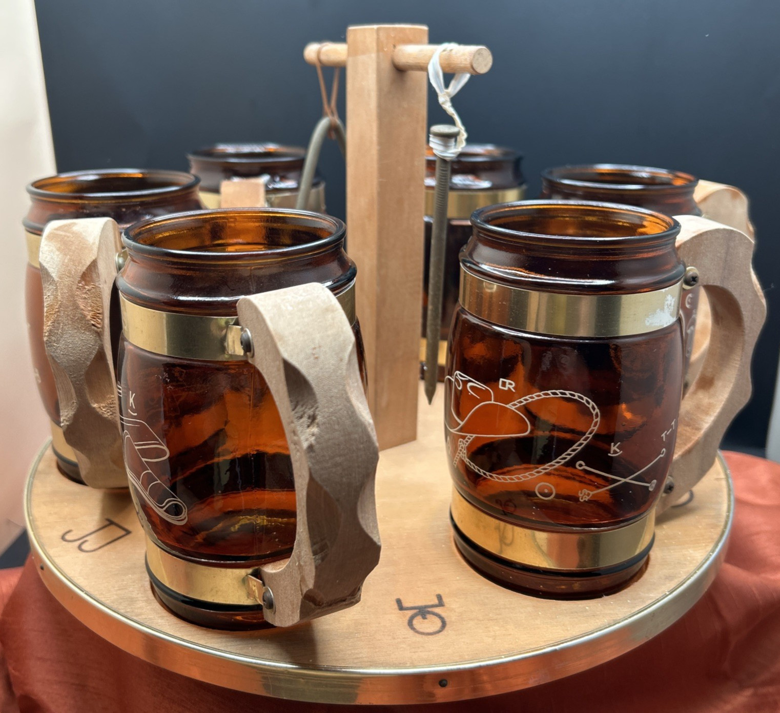 Vintage Siestaware Western / Wagon Wheel Bar Beverage Set with Caddy & Triangle