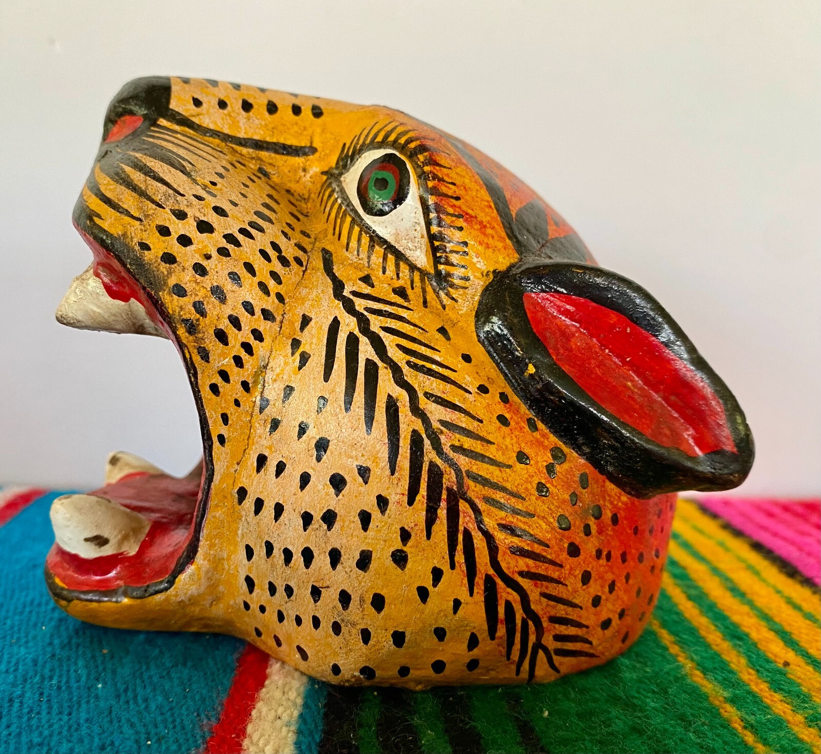 Mexican Folk Art Carved Wood Jaguar Leopard Cat Head Lion Face Mask Guerrero 5"