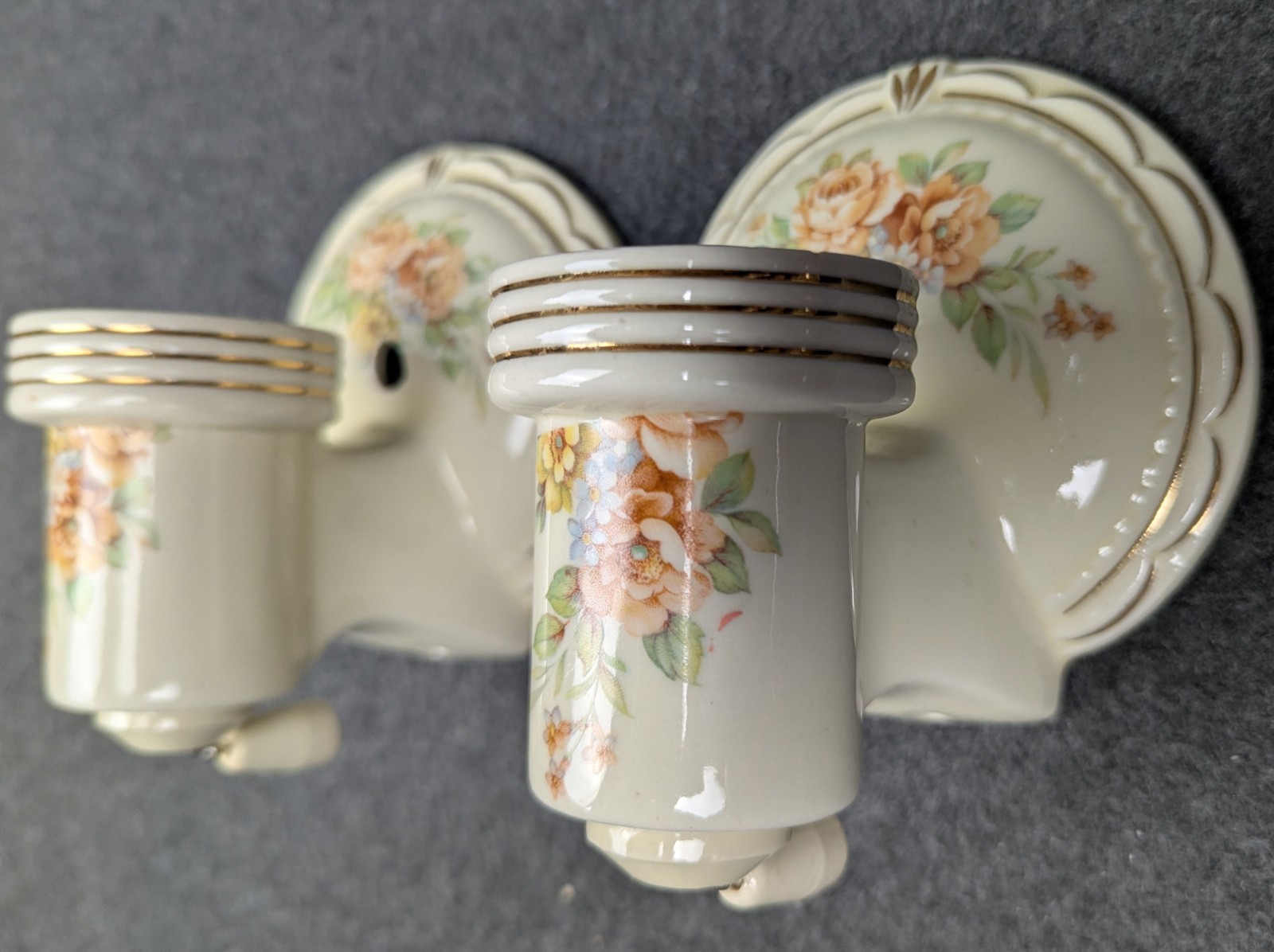 Restored Pair Porcelier Art Deco-MCM Porcelain Sconces, Glass Shades, Excellent!