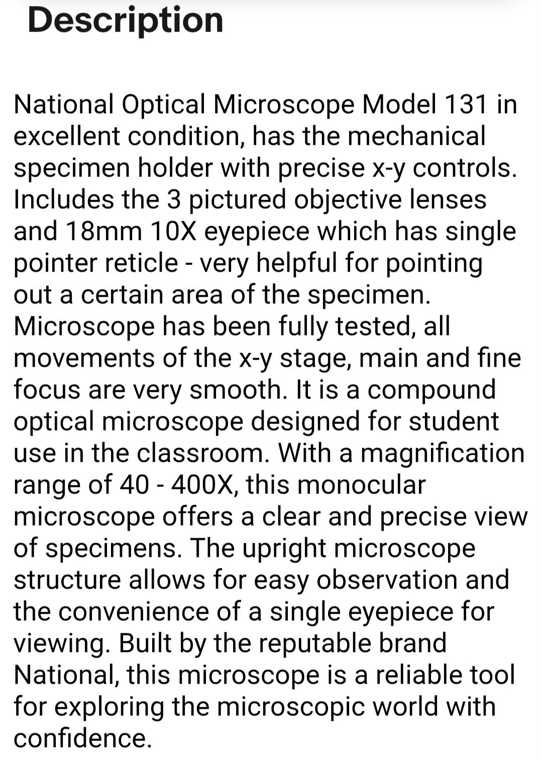 FREY SCIENTIFIC Microscope Model 131 Compound with x-y stage 40-400X Tested!