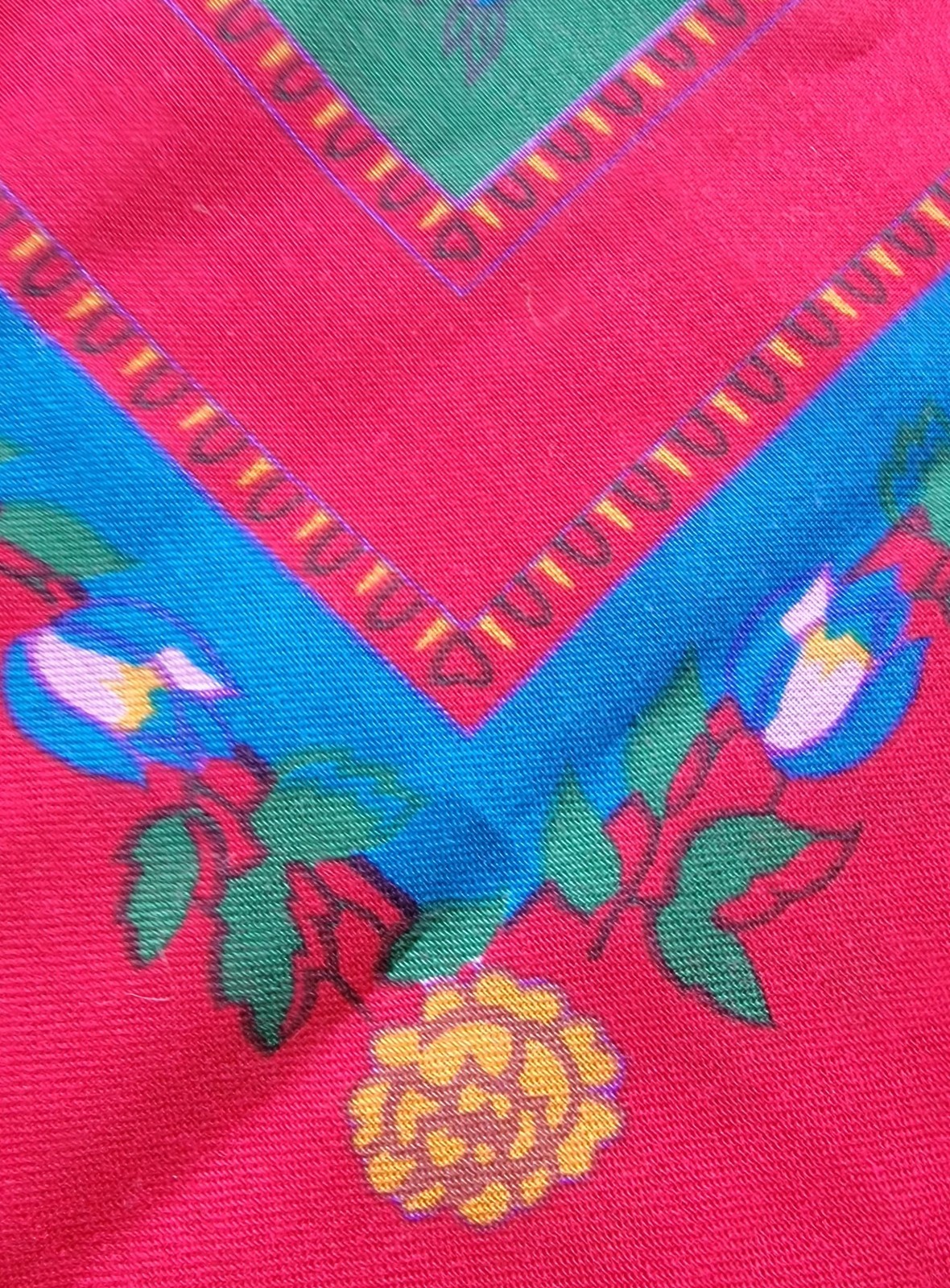 Vintage Square Woven Print Scarf Floral Red Blue Yellow Pink Fringe Japan 48”