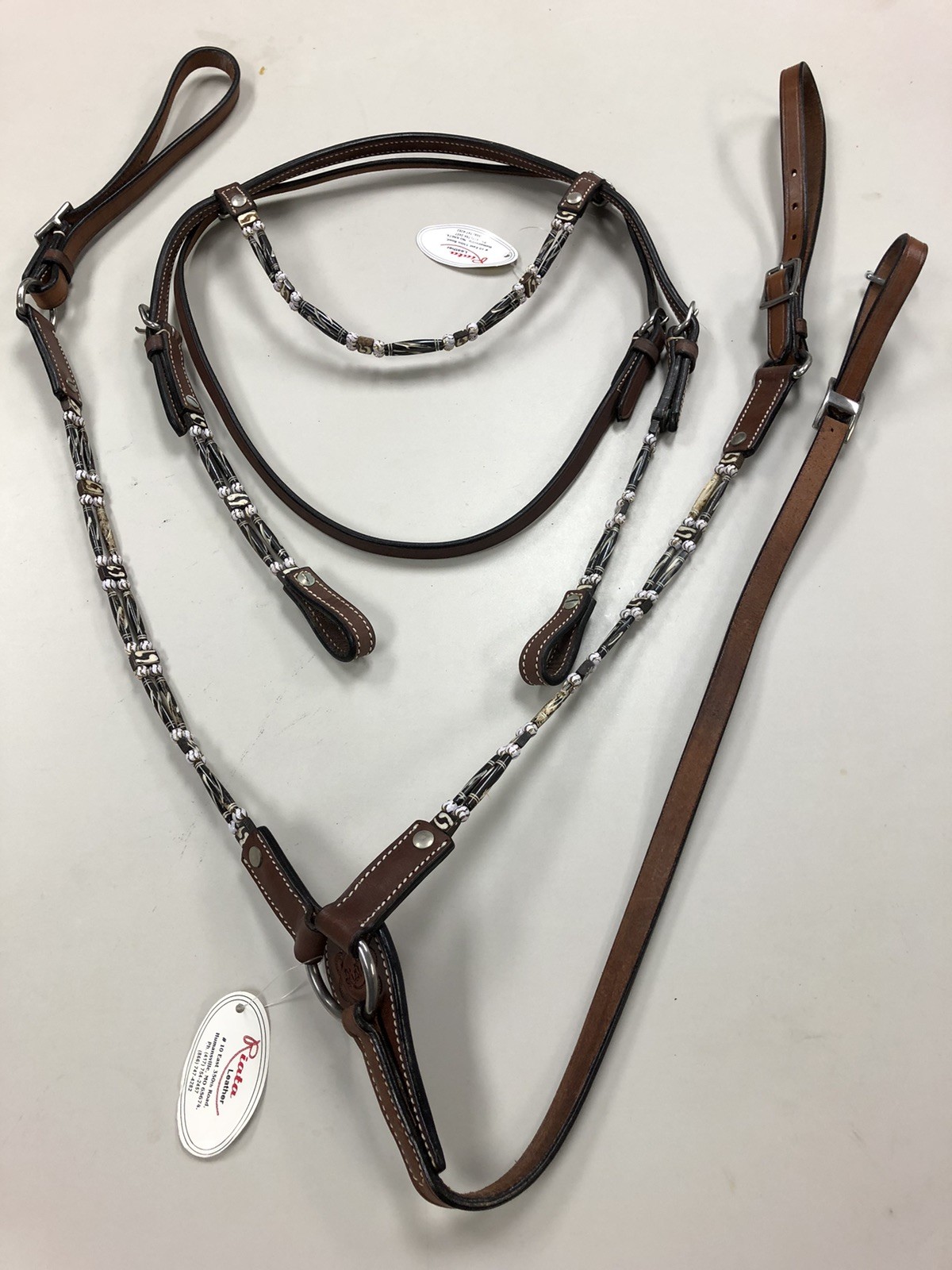 Riata Leather Headstall & Breast Collar Set With Bone Beads.