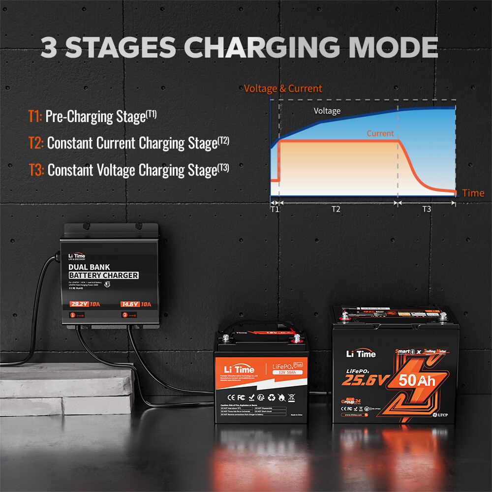 LiTime 14.6V/29.2V 10A Dual Bank Smart Battery Charger for LiFePO4 Lead Acid NCM