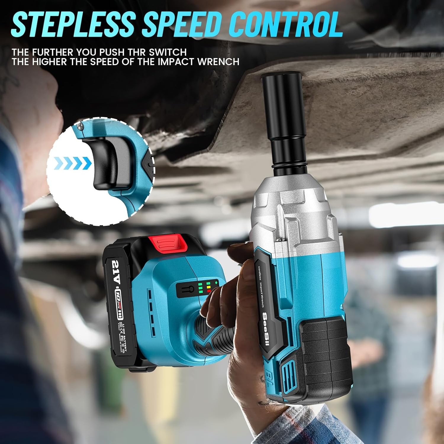 Seesii Cordless Impact Wrench 1/2" Torque 479 Ft-lbs(650Nm) Brushless Impact Gun