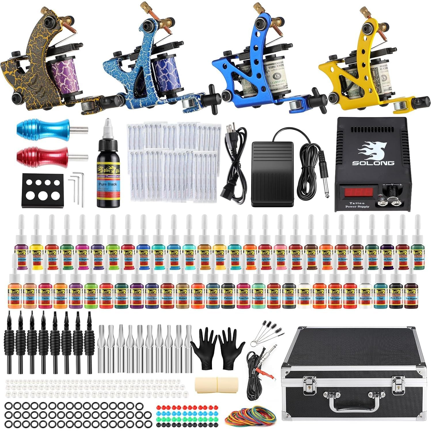 Solong Tattoo Complete Tattoo Kit 4 Pro Machine Guns 54 Inks Power Supply Foot P