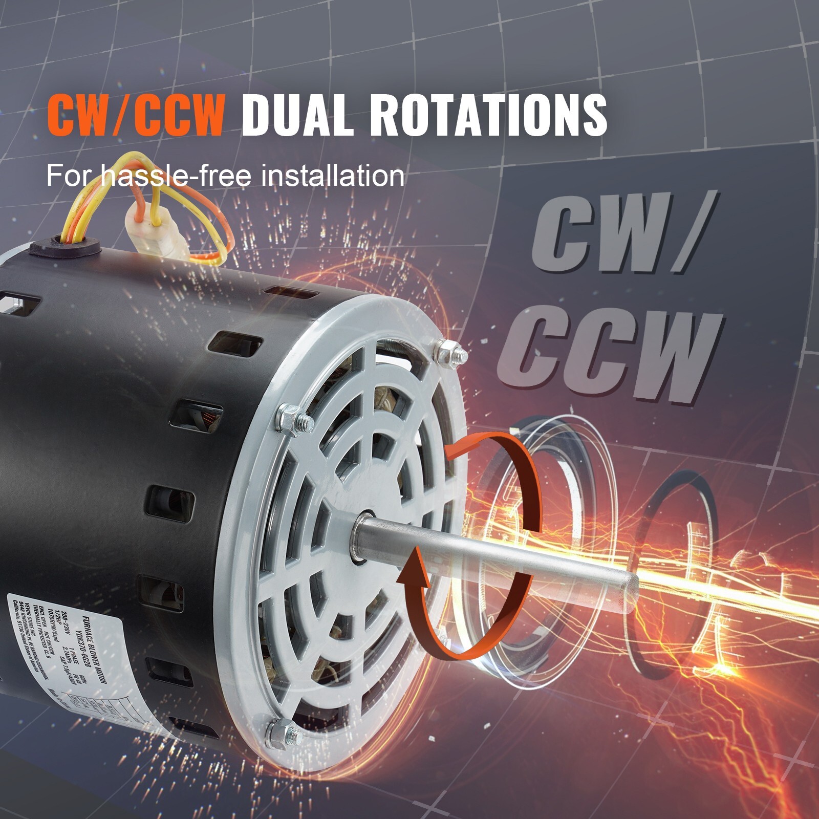 1/2HP Furnace Blower Motor 208-230V 2.7A 1075RPM 5 Speeds 48 Frame 1 Phase