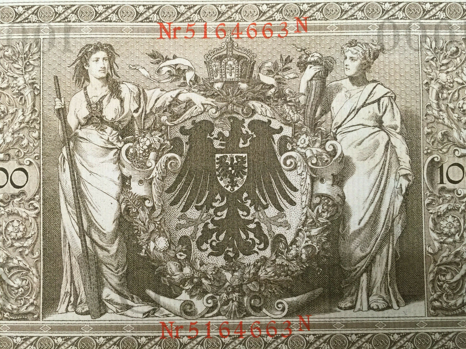 Antique Rare World War I Era Germany 1000 Mark Reichsbanknote UNC -110 Years Old