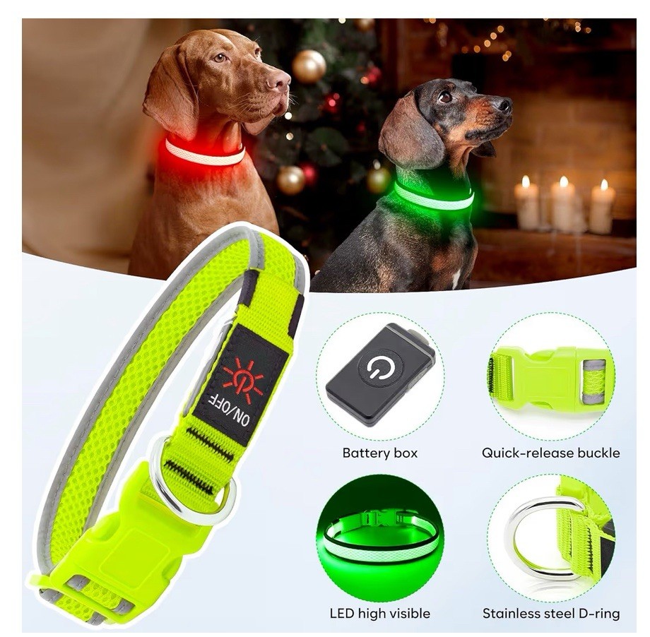 Flashseen Light Up LED Dog Collar, Dog Collar USB Rechargeable Large, Neon Green