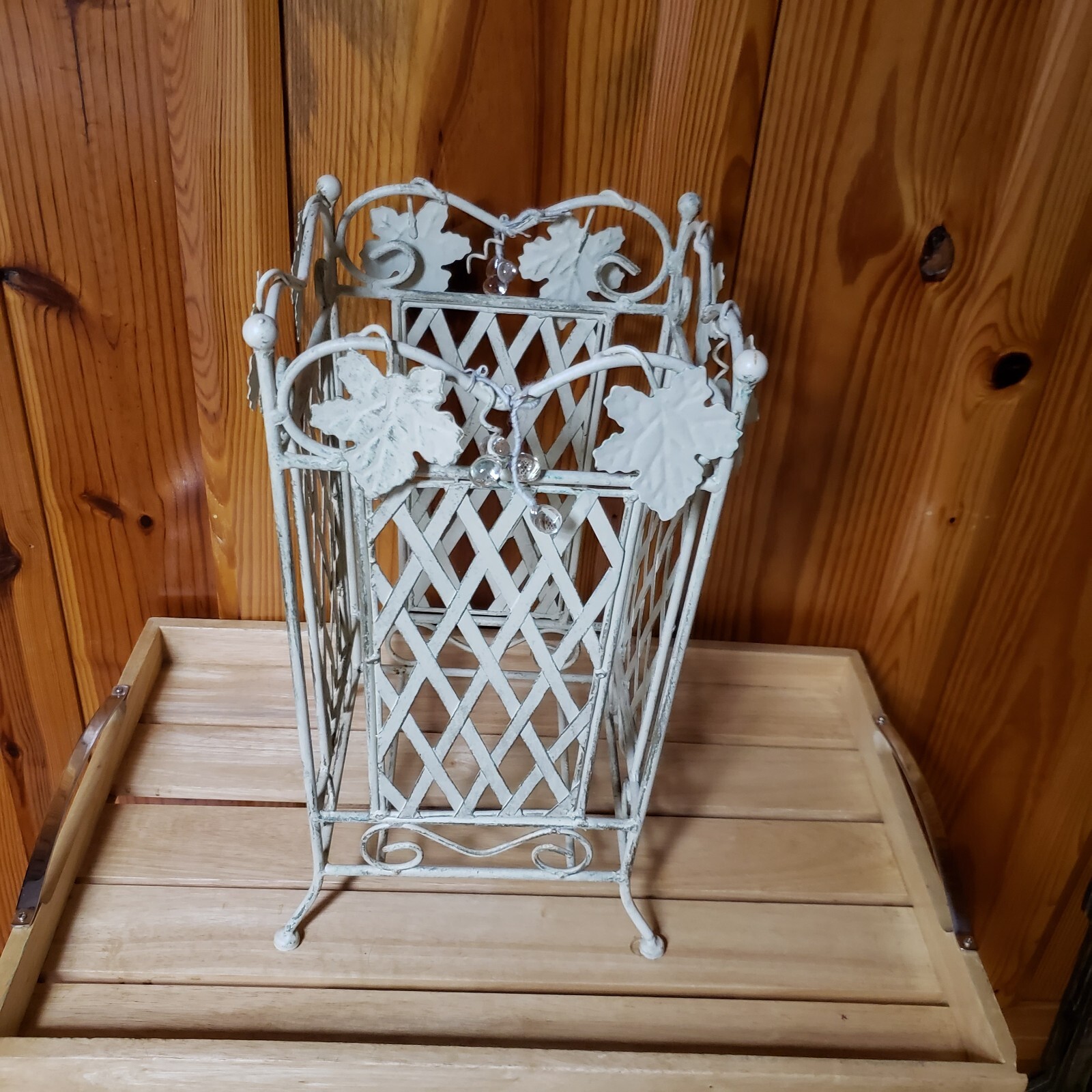 Vtg Umbrella/Walking Stick Cane Holder/Stand Beige Metal Design 16.5" W/Tray