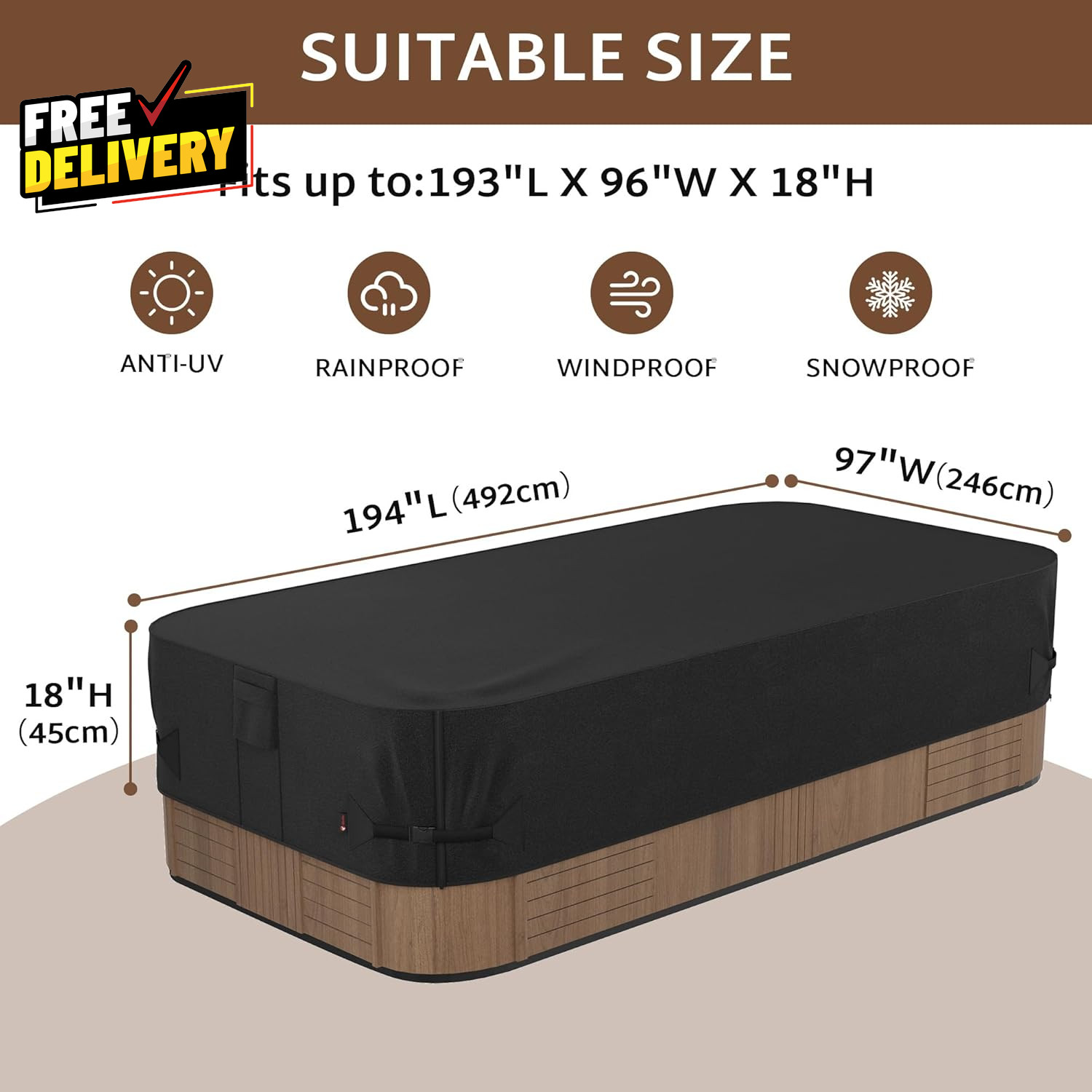 Outdoor Waterproof Hot Tub Swim SPA Cover 194 X 97 Inch Fit 8 X 16 Ft 192 X 96..