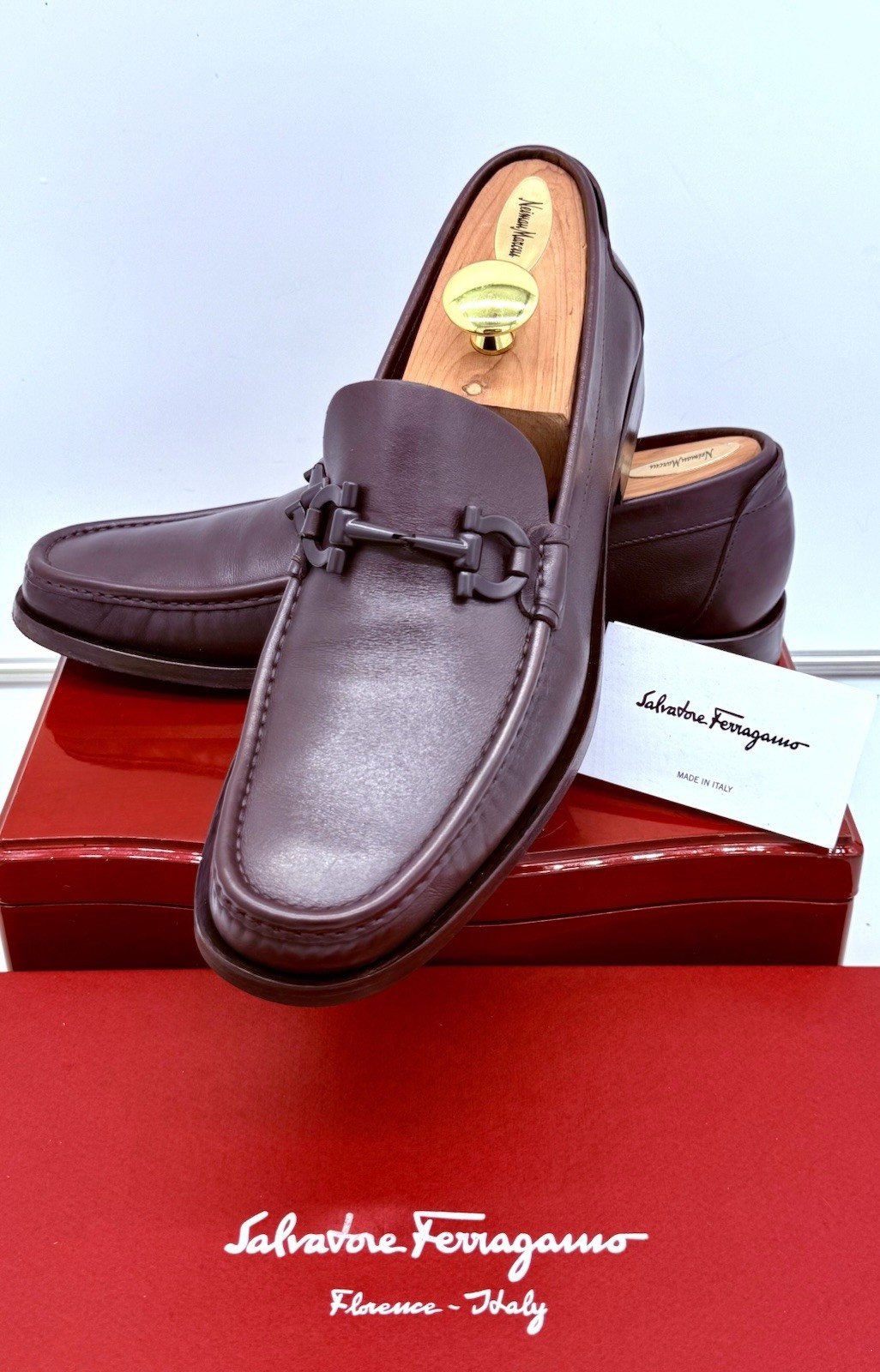 Ferragamo Mens Brown Loafers 10 Gancini Horse Bit Leather Luxe Shoes