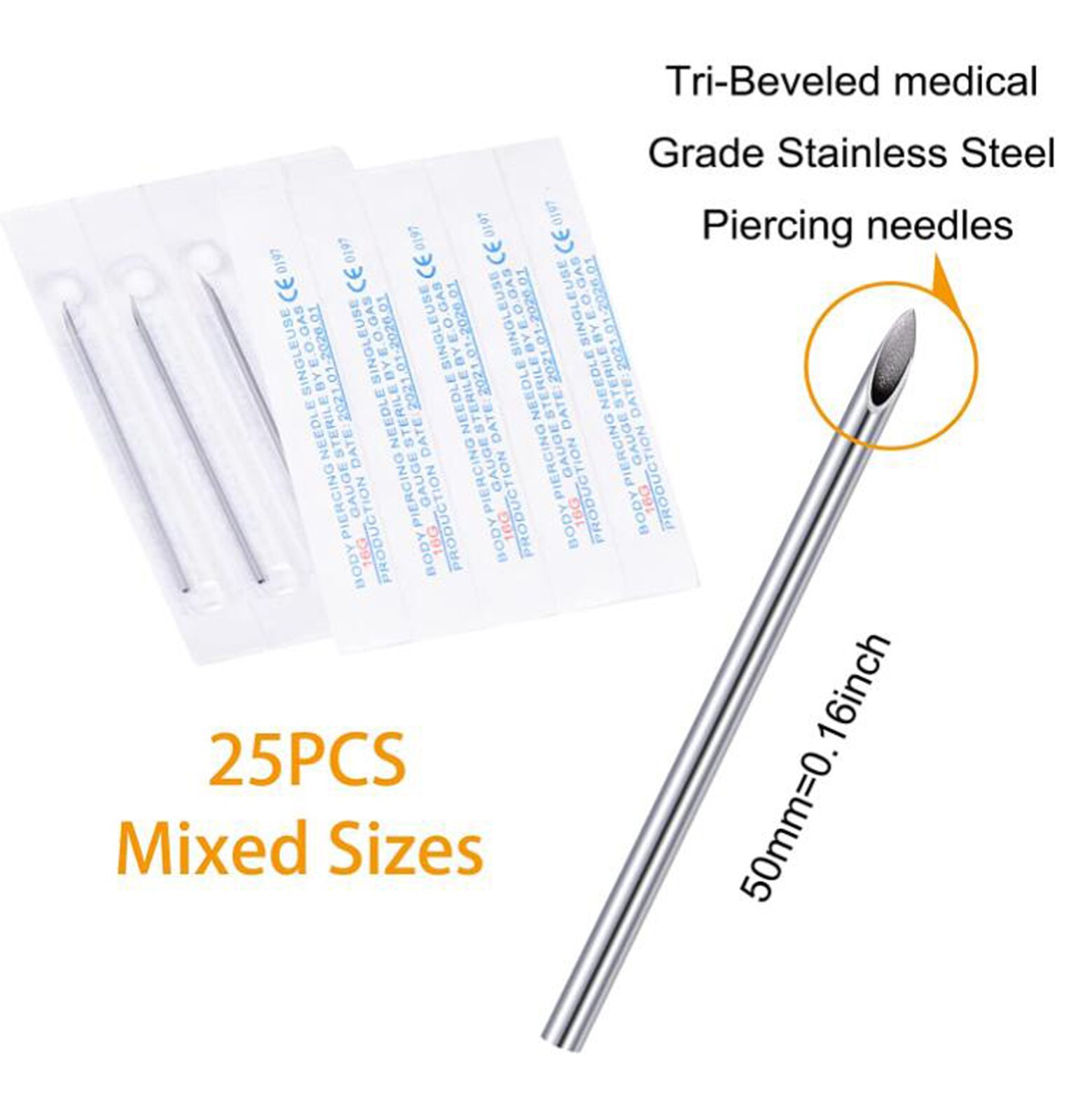 100 pcs Mixed Body Piercing Needle Sizes 12g, 14g, 16g, 18g & 20g