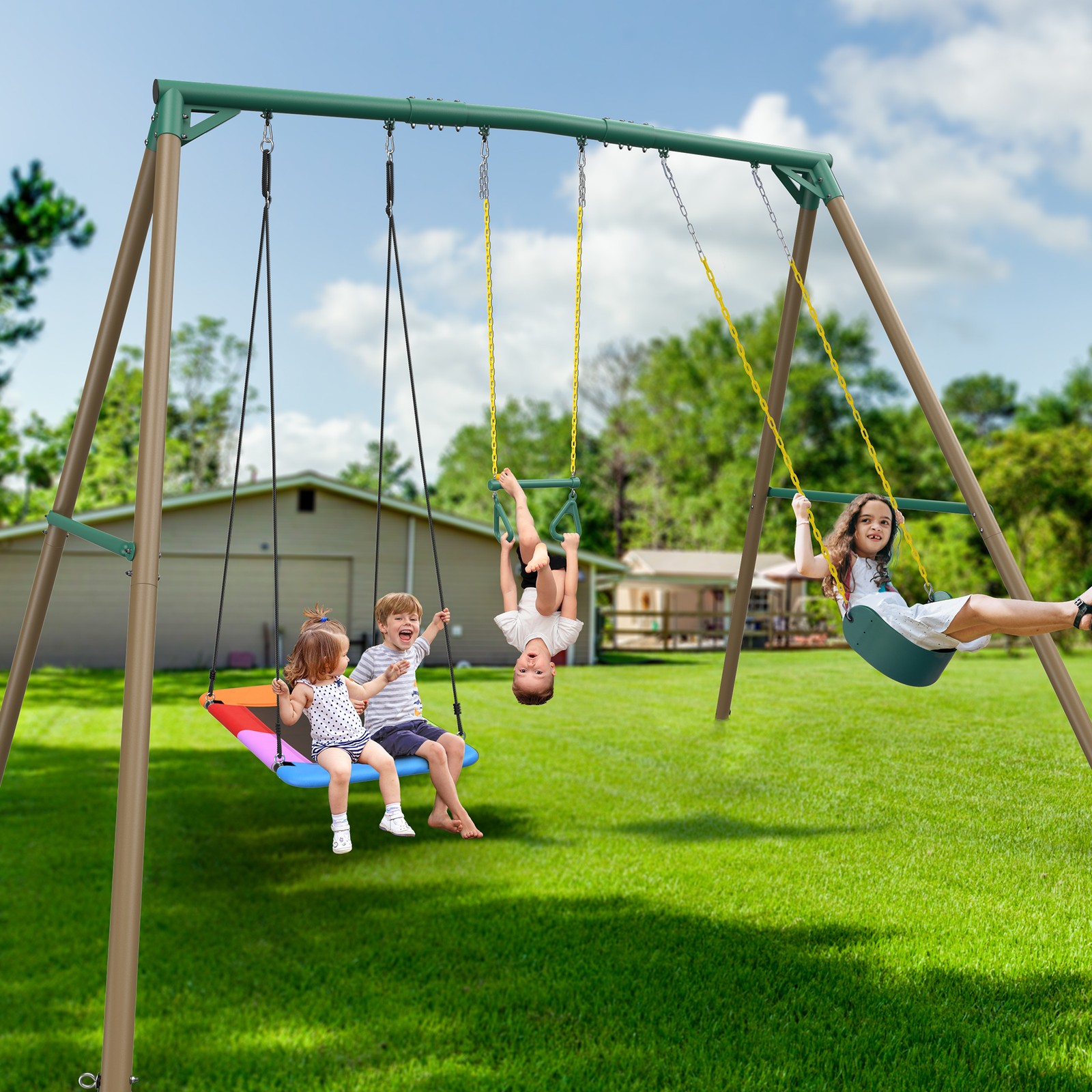 9.5ft Tall A-Frame Heavy Duty Metal Swing Set with 3 Swings and Trapeze Bar