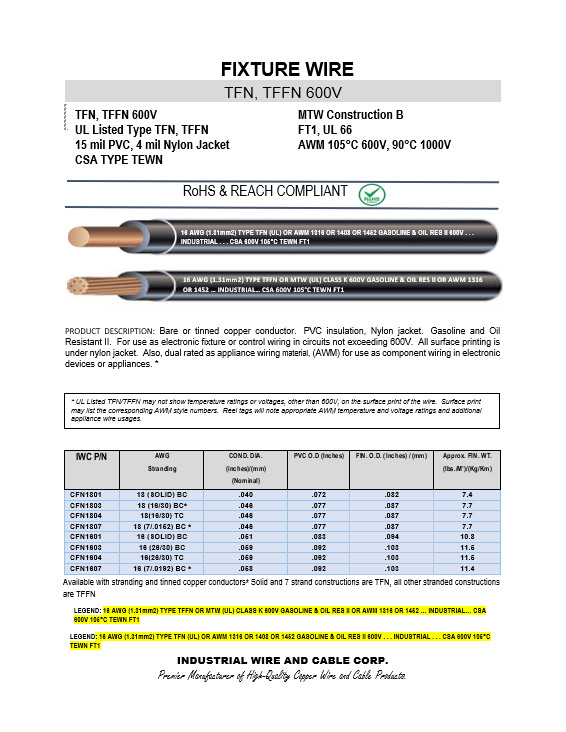 500 FT TFFN/TEWN WIRE. 18AWG STRANDED BC 600 VOLT. MADE IN USA. 5 COLORS AVAIL