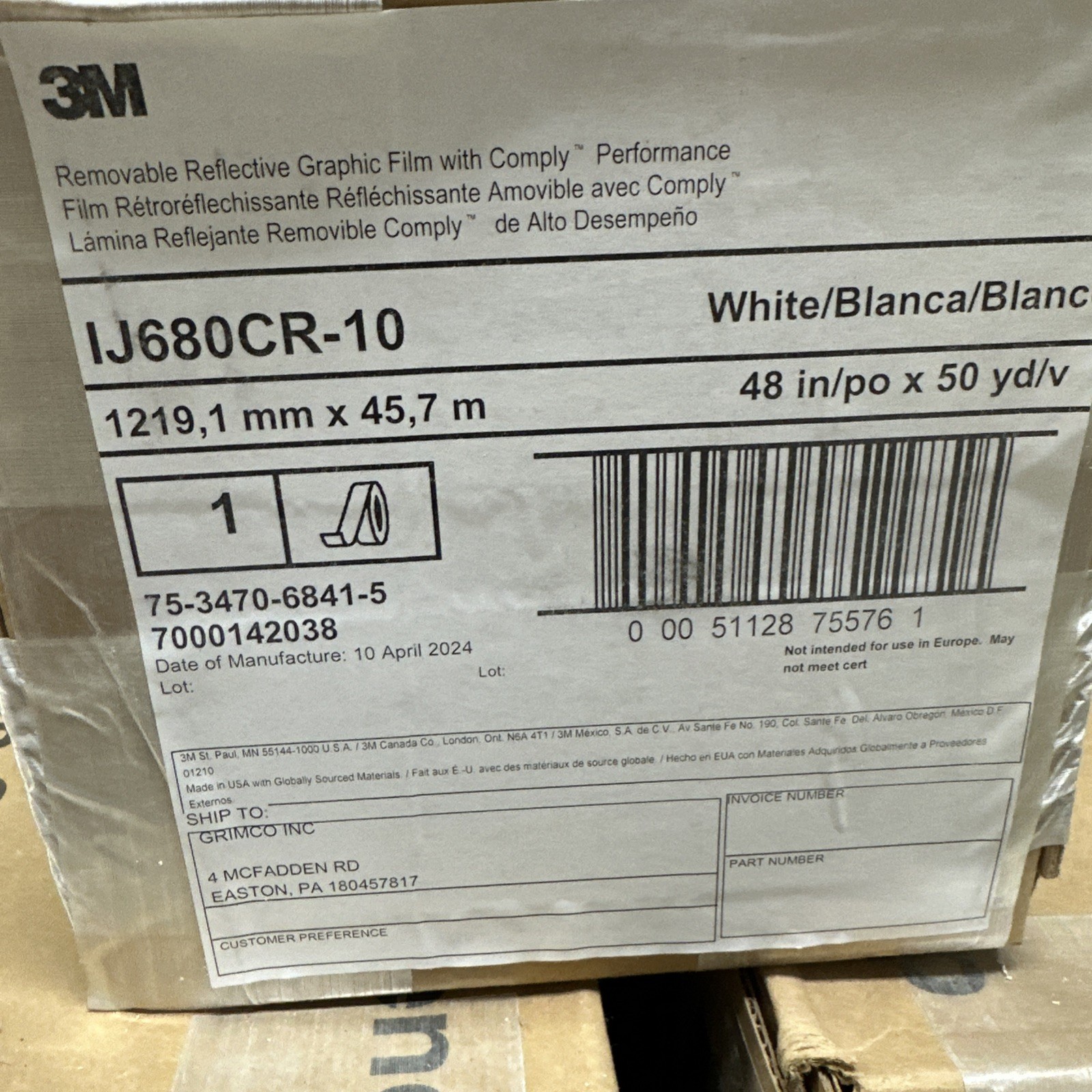 3M IJ680CR-10 REMOVEABLE REFLECTIVE GRAPHIC FILM/ VINYL VEHICLE DECAL 48" x 50yd