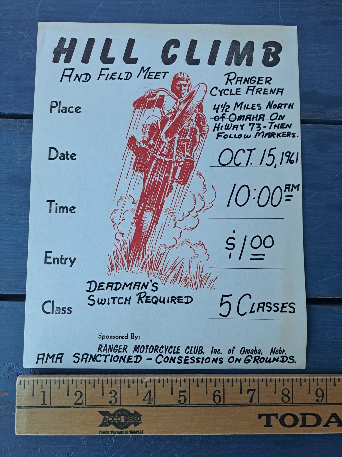 1961 ORIGINAL RANGER MOTORCYCLE CLUB OMAHA NEBRASKA HILL CLIMB EVENT POSTER