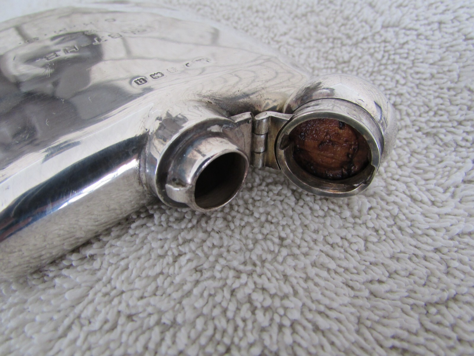 Vintage Sterling Silver 4x3 inch Hip Flask Engraved / has a Hallmark marking