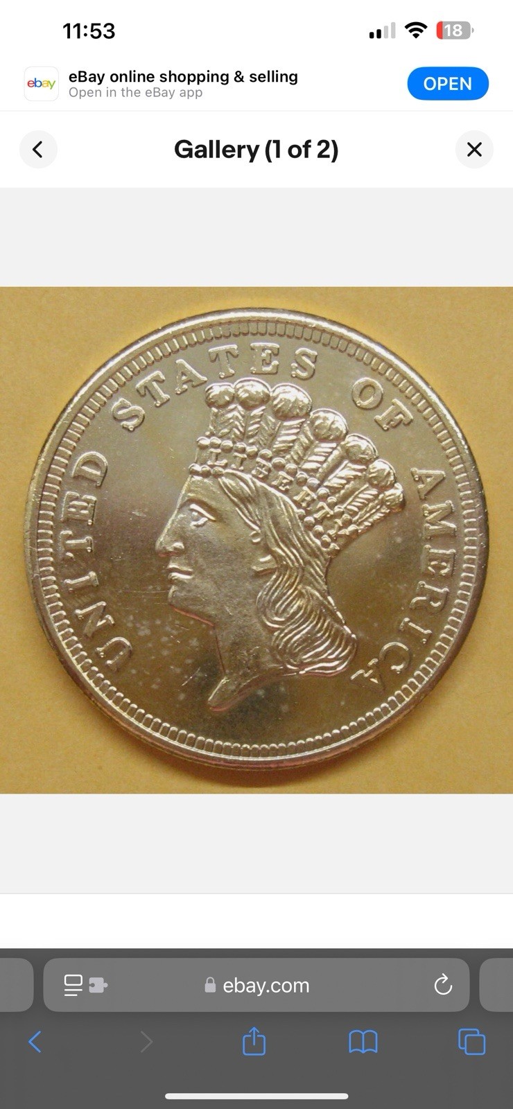 $3 Dollar Indian Princess Head Gold 24kt 1854 COIN TREASURE 24KT Plated